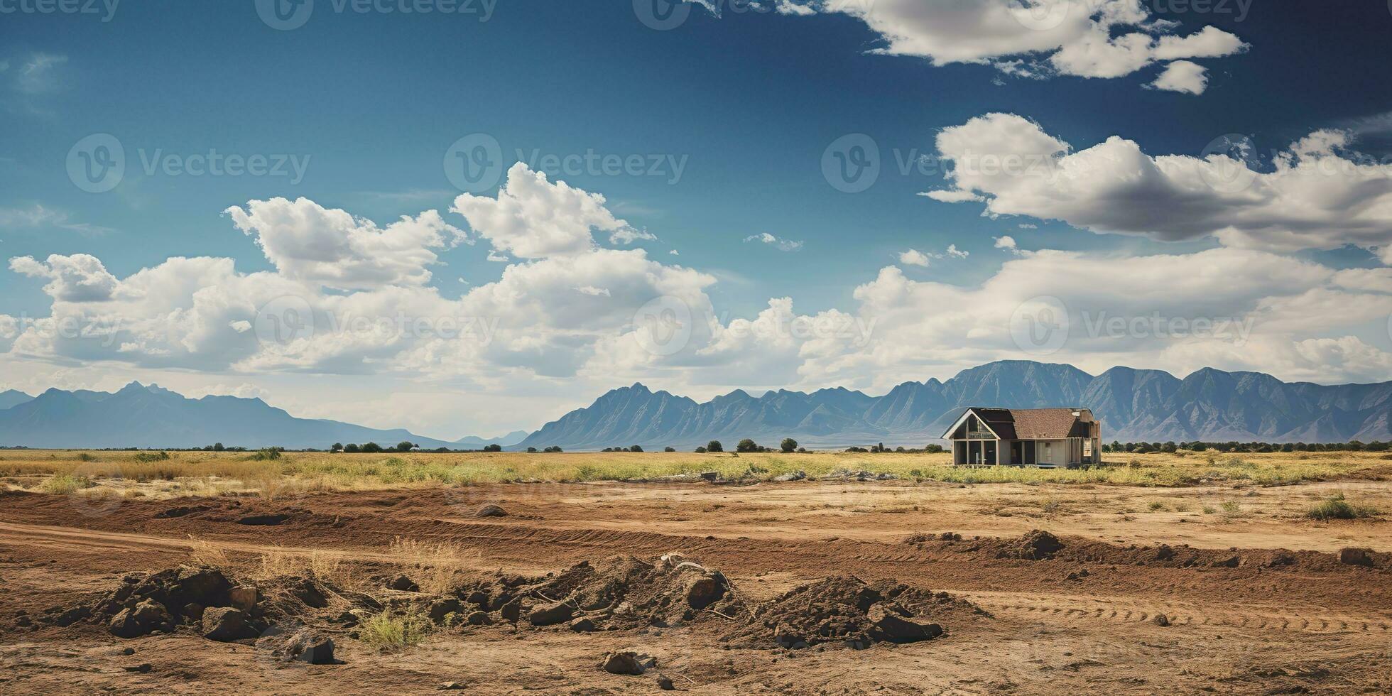 AI Generated. AI Generative. Outdoor nature house wood modern construction on field meadow landscape background. Graphic Art photo