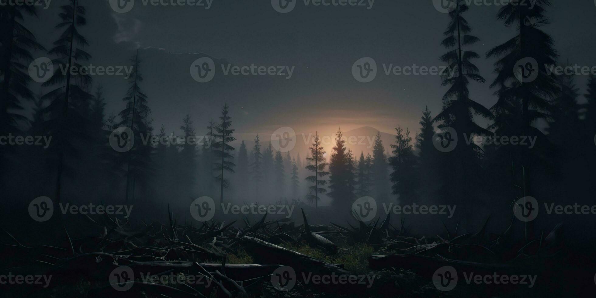 AI Generated. AI Generative. Mist magic fog night dark forest tree jungle landscape background. Scary nature outdoor adventure explore travel vibe style. Graphic Art photo