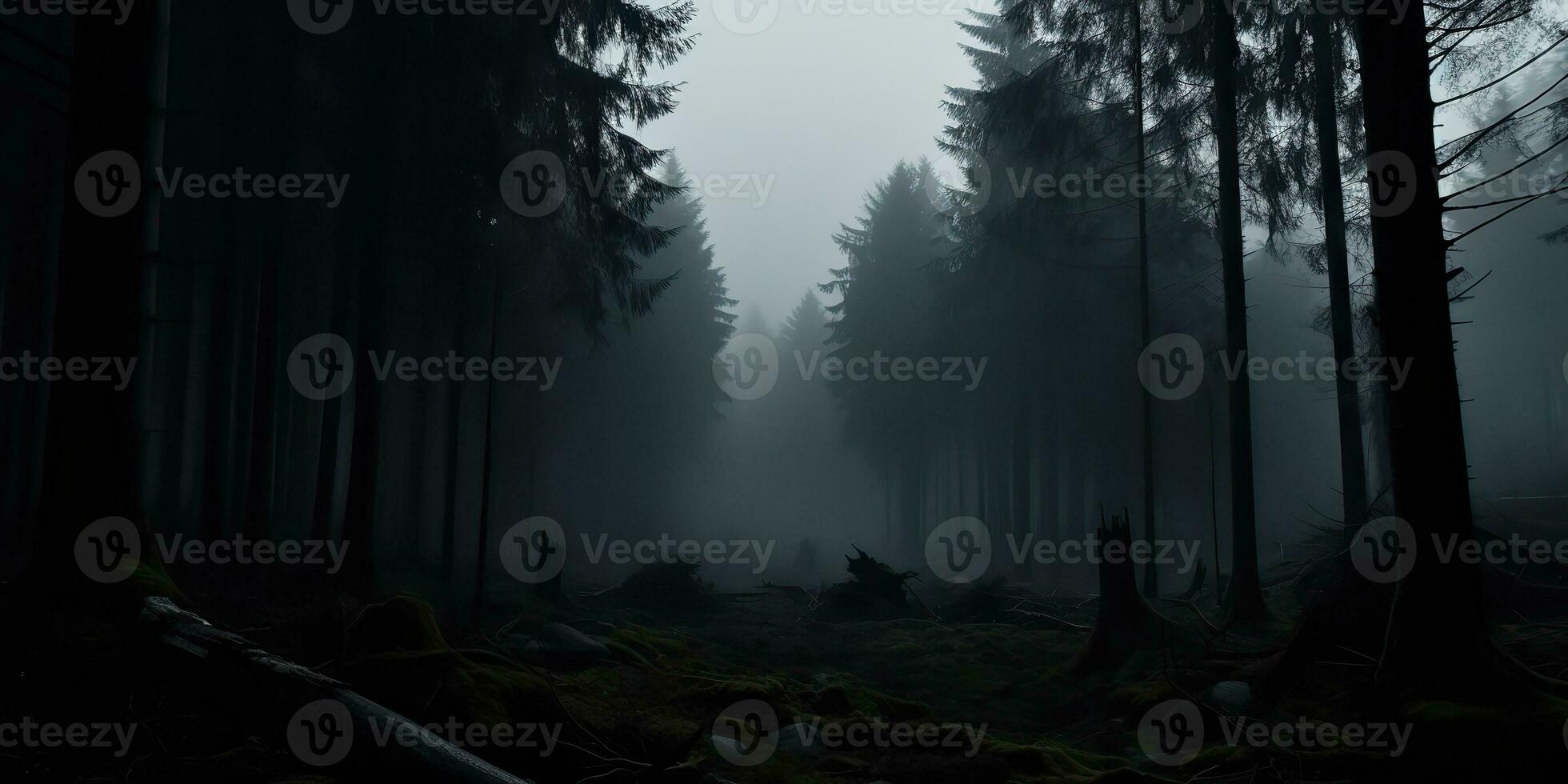 AI Generated. AI Generative. Mist magic fog night dark forest tree jungle landscape background. Scary nature outdoor adventure explore travel vibe style. Graphic Art photo