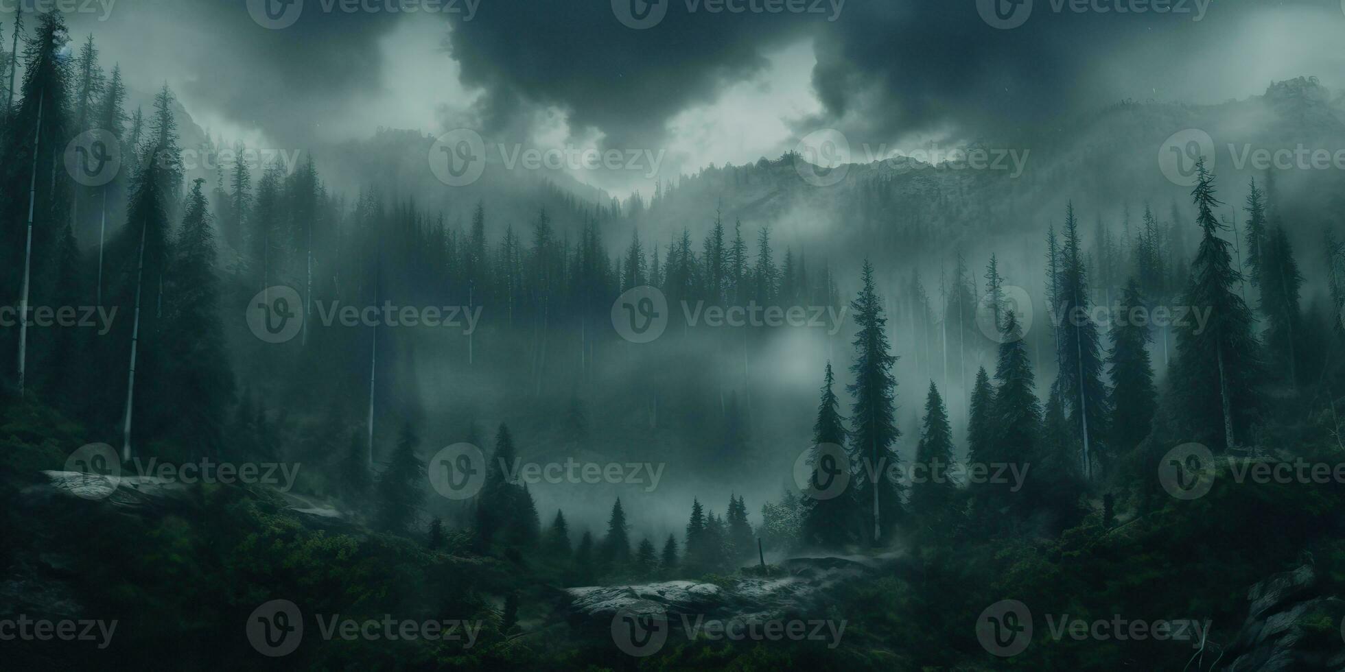 ai generado. ai generativo. niebla magia niebla noche oscuro bosque árbol selva paisaje antecedentes. de miedo naturaleza al aire libre aventuras explorar viaje ambiente estilo. gráfico Arte foto