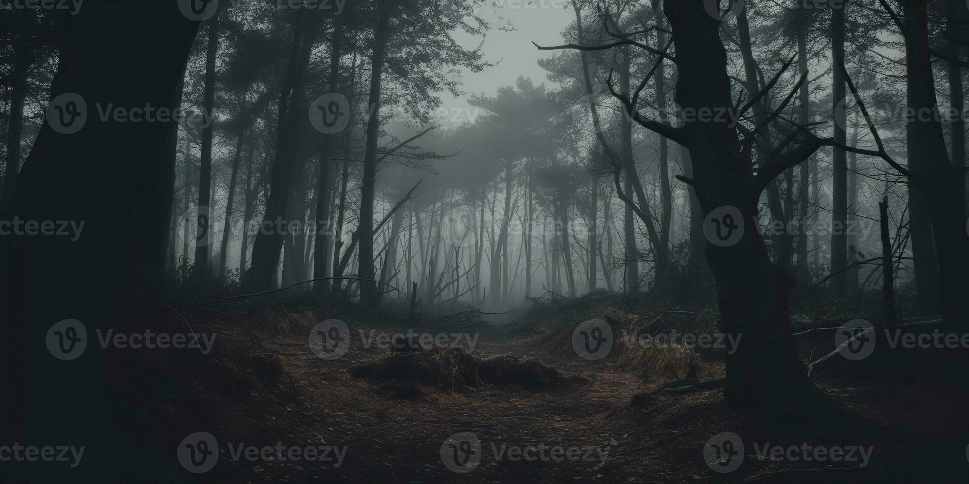 AI Generated. AI Generative. Mist magic fog night dark forest tree jungle landscape background. Scary nature outdoor adventure explore travel vibe style. Graphic Art photo