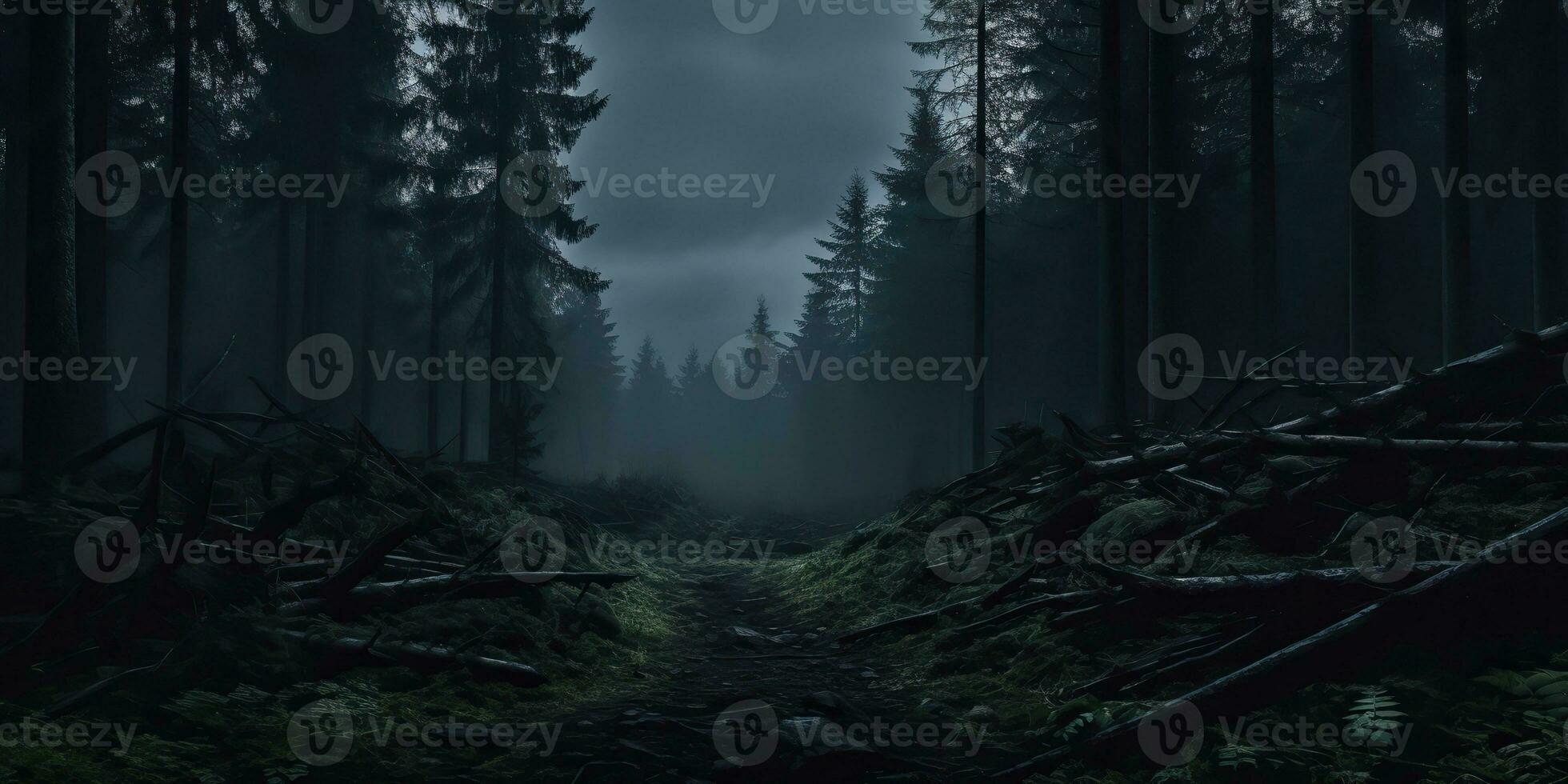 AI Generated. AI Generative. Mist magic fog night dark forest tree jungle landscape background. Scary nature outdoor adventure explore travel vibe style. Graphic Art photo