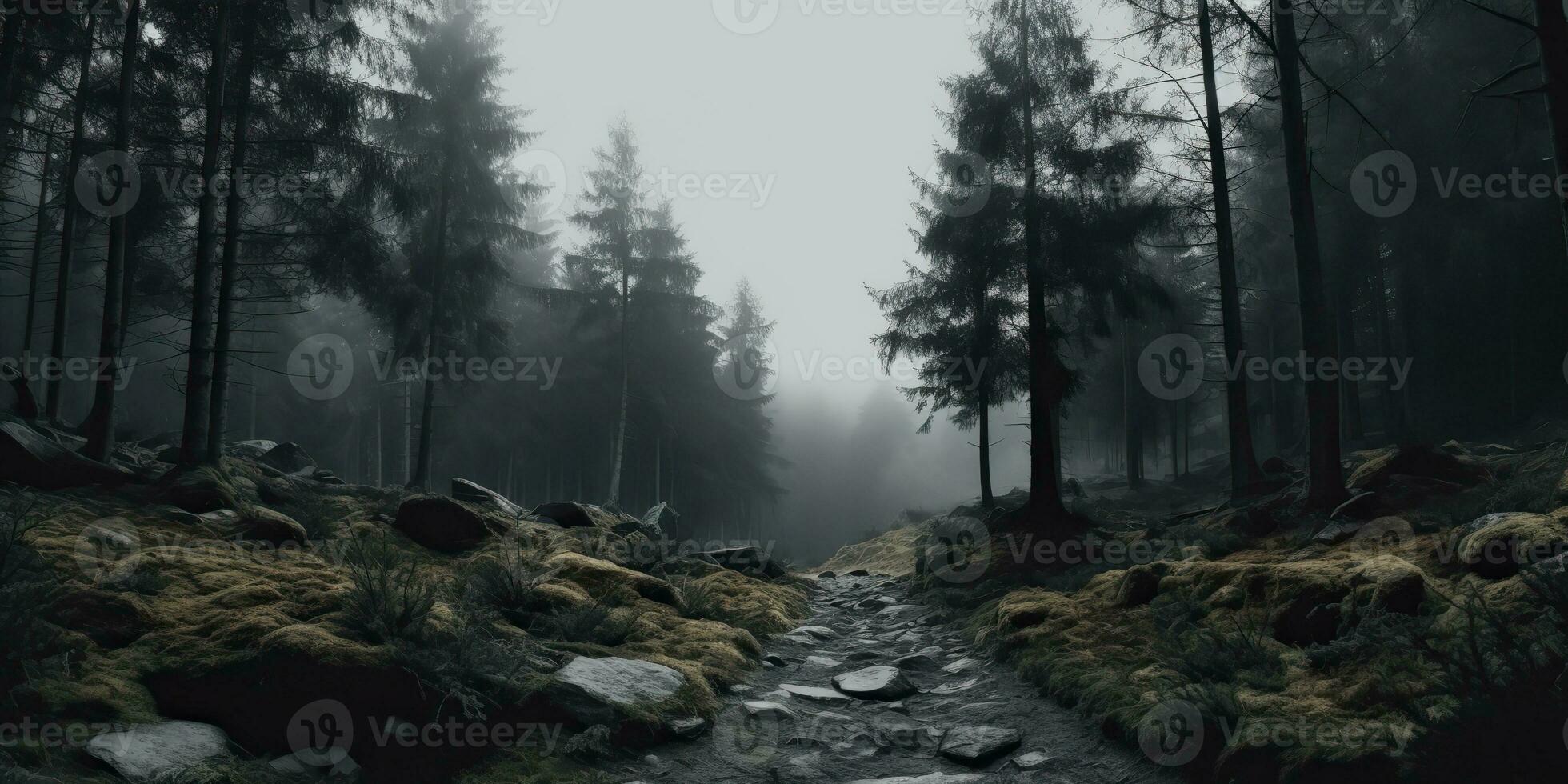 AI Generated. AI Generative. Mist magic fog night dark forest tree jungle landscape background. Scary nature outdoor adventure explore travel vibe style. Graphic Art photo