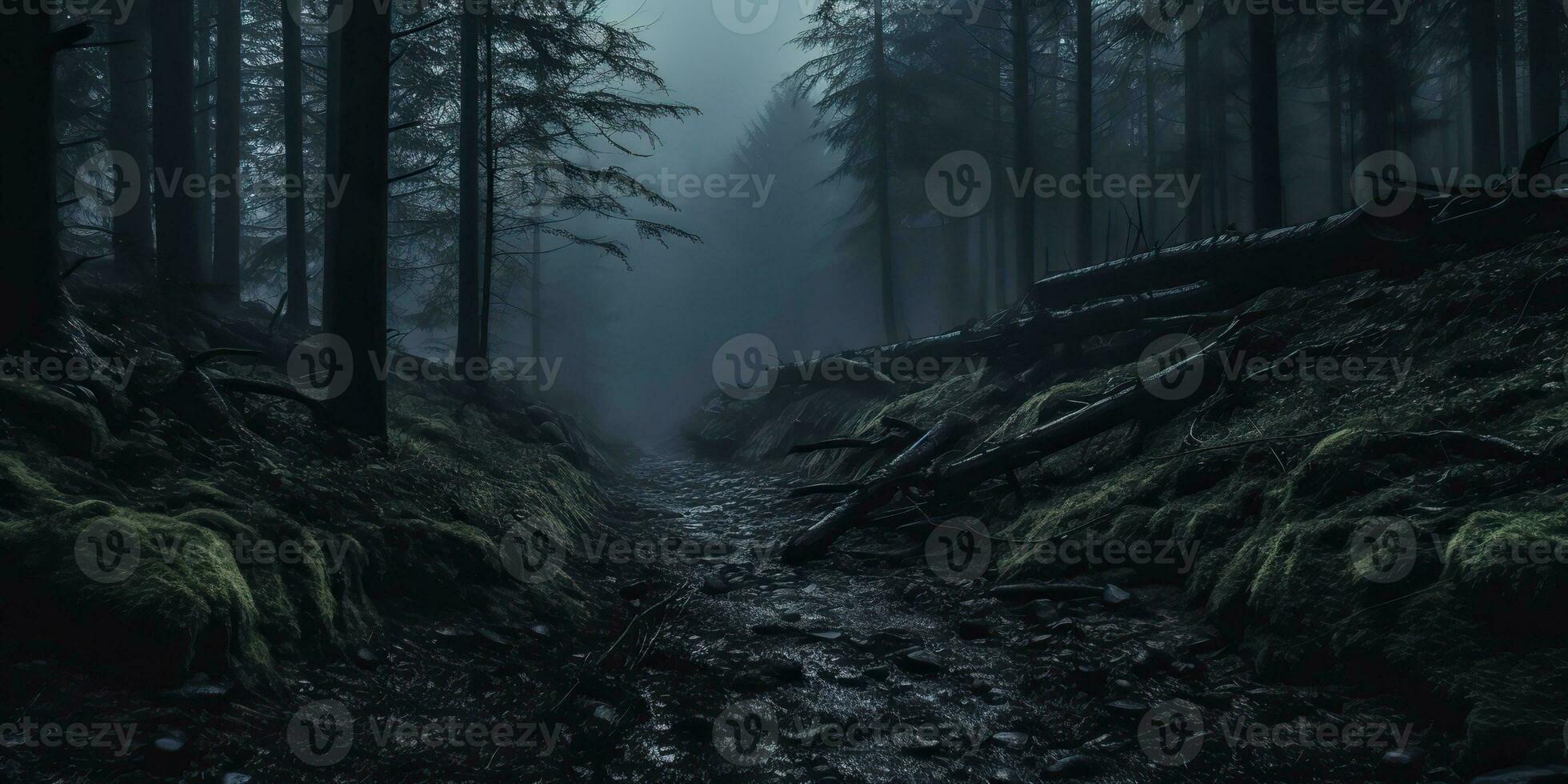 AI Generated. AI Generative. Mist magic fog night dark forest tree jungle landscape background. Scary nature outdoor adventure explore travel vibe style. Graphic Art photo