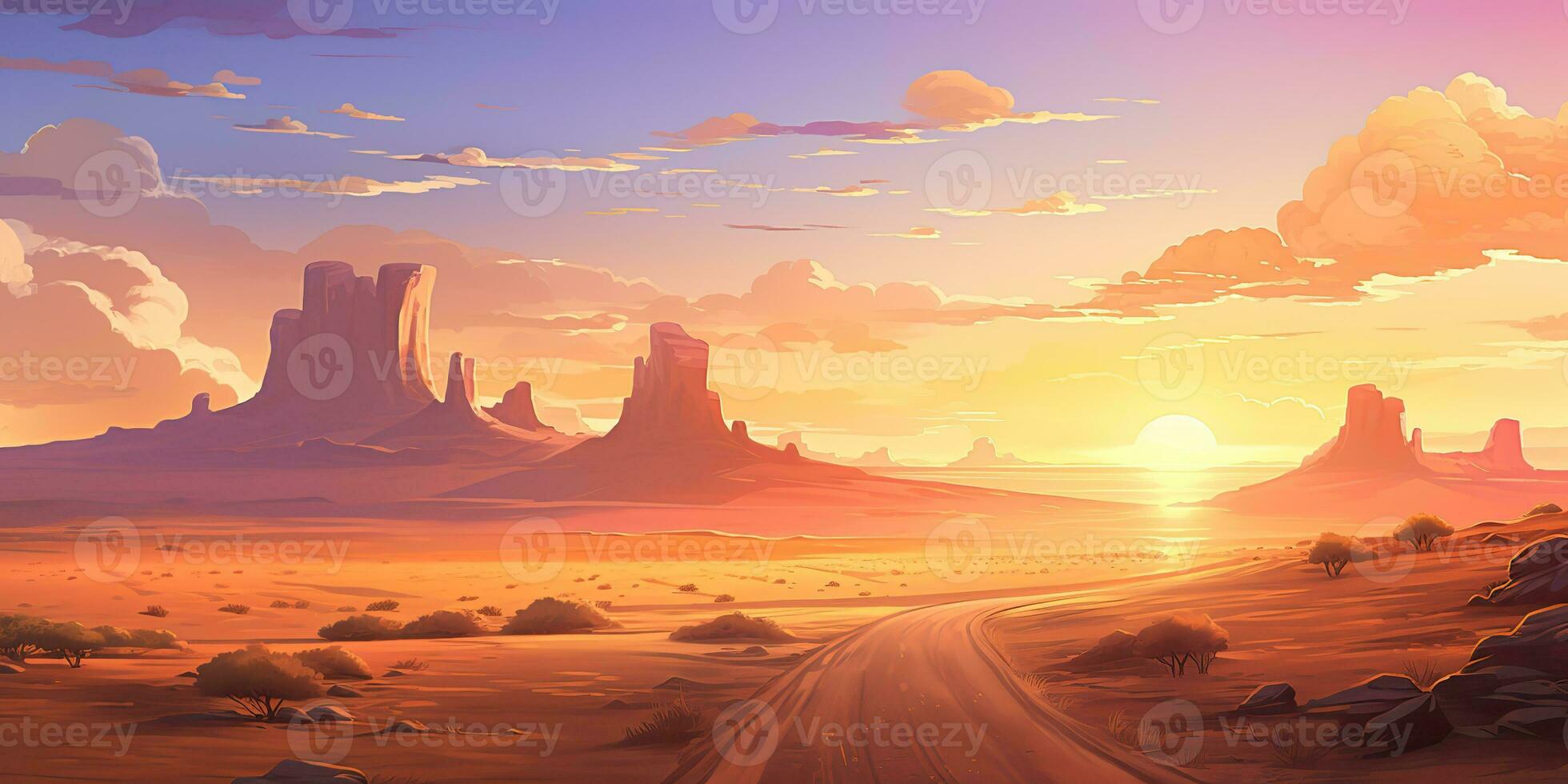 AI Generated. AI Generative. Outdoor nature wild wind sand road on desert landscape background. Adventure travel journey road trip vibe. Graphic Art photo