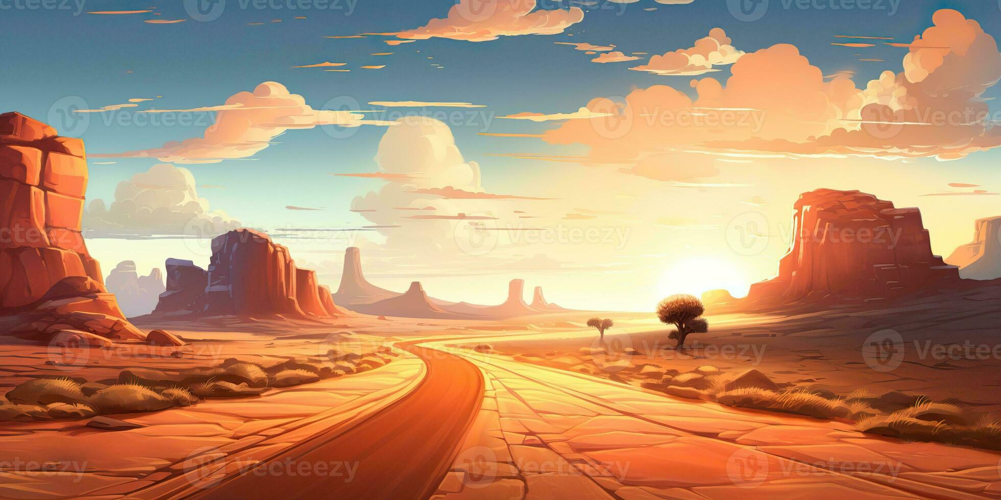 AI Generated. AI Generative. Outdoor nature wild wind sand road on desert landscape background. Adventure travel journey road trip vibe. Graphic Art photo