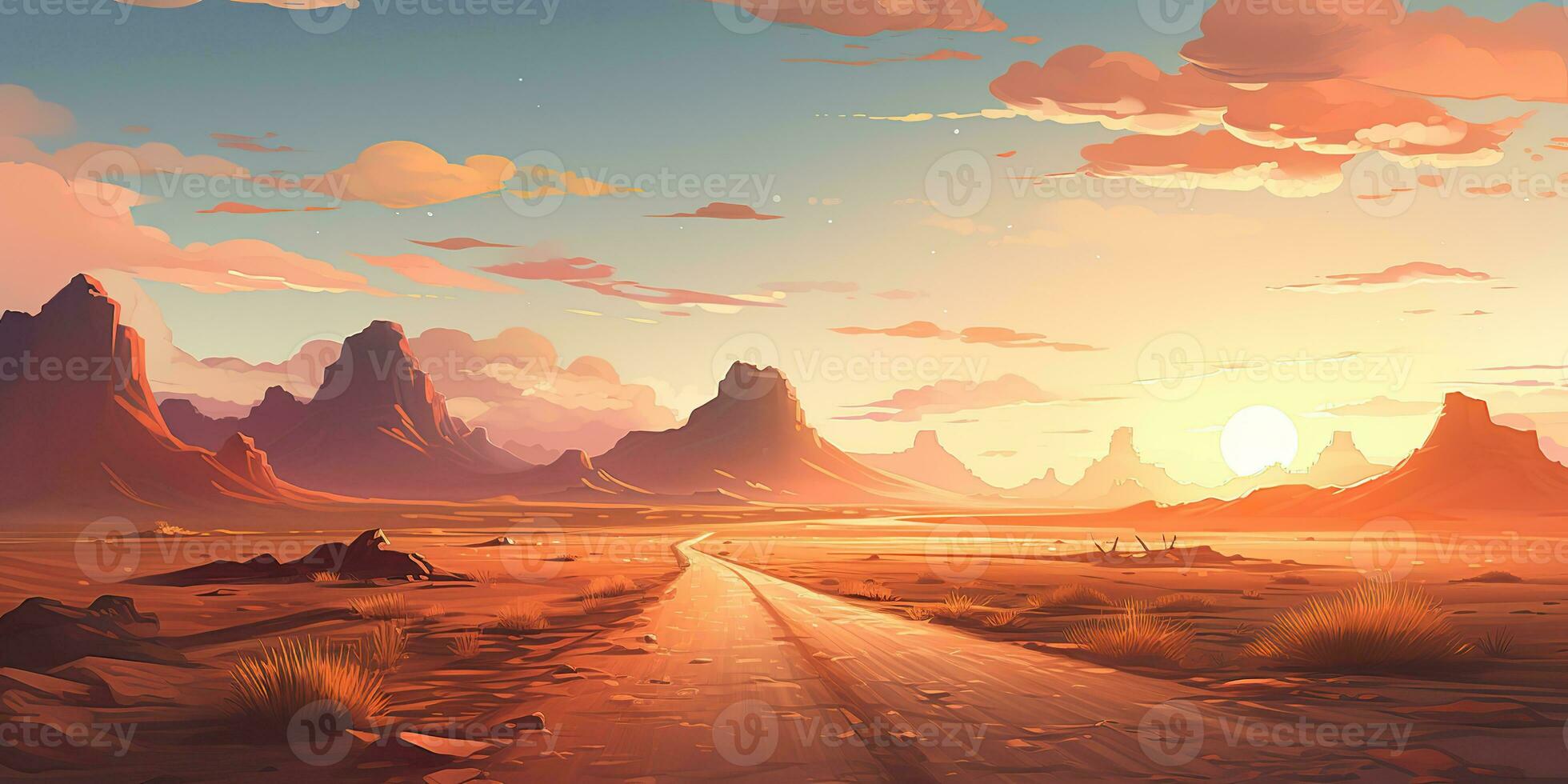 AI Generated. AI Generative. Outdoor nature wild wind sand road on desert landscape background. Adventure travel journey road trip vibe. Graphic Art photo