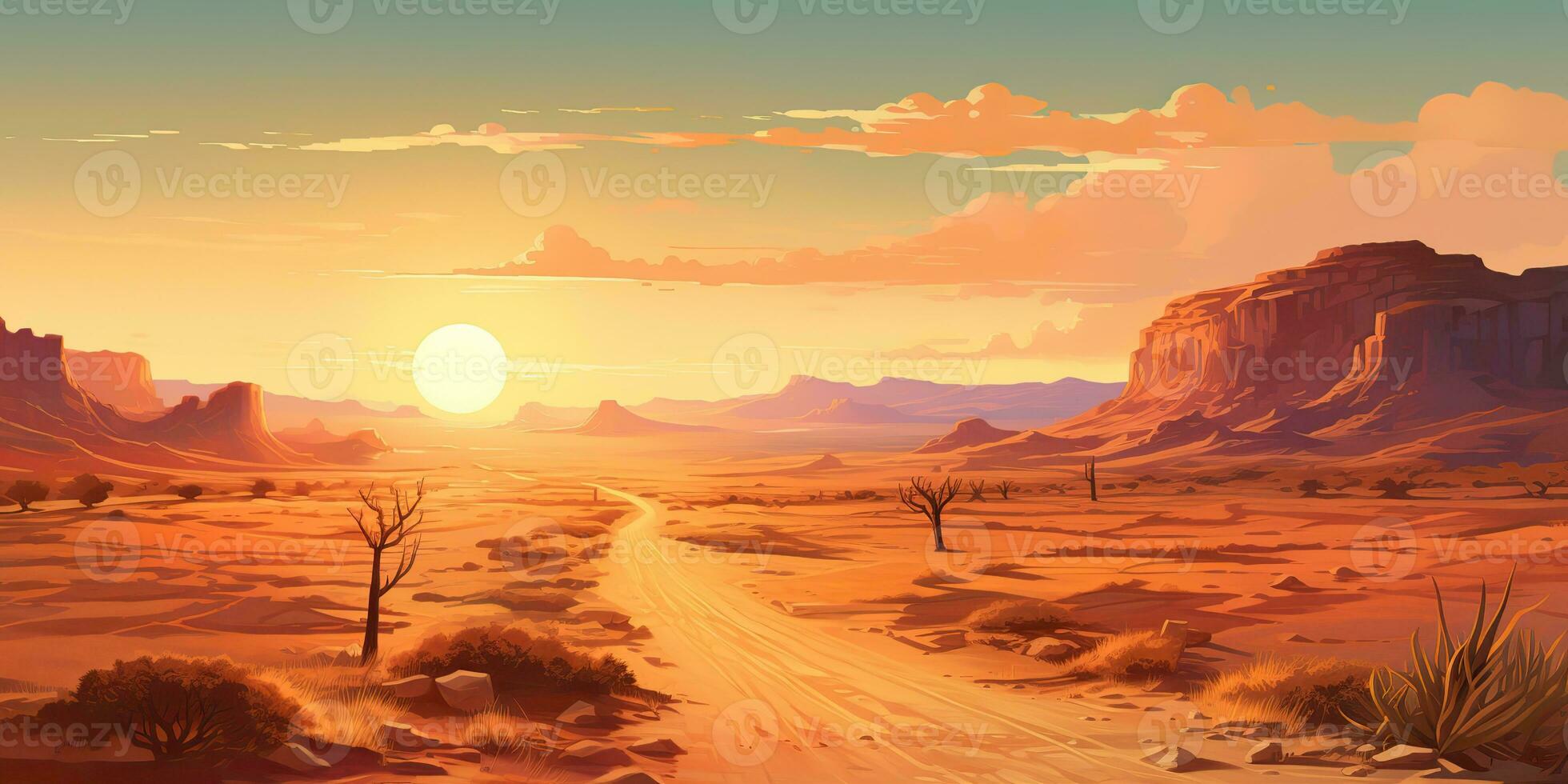 AI Generated. AI Generative. Outdoor nature wild wind sand road on desert landscape background. Adventure travel journey road trip vibe. Graphic Art photo