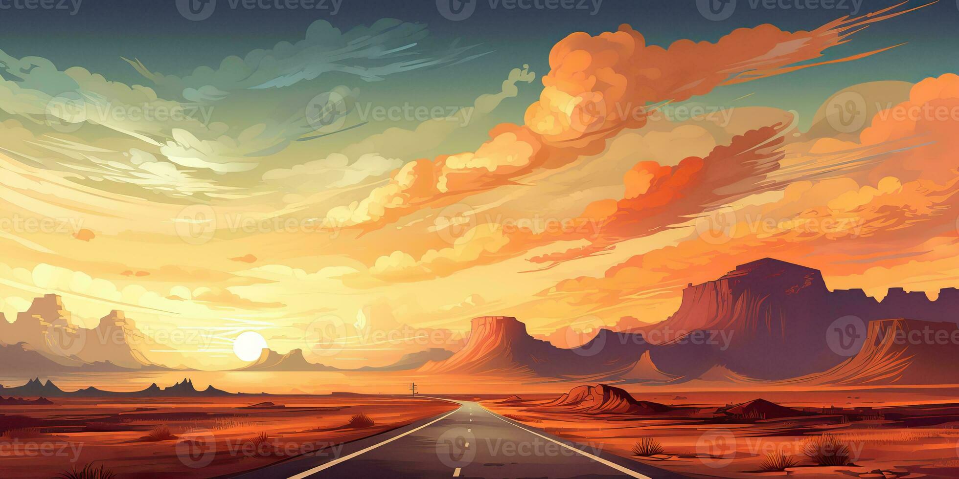 AI Generated. AI Generative. Outdoor nature wild wind sand road on desert landscape background. Adventure travel journey road trip vibe. Graphic Art photo