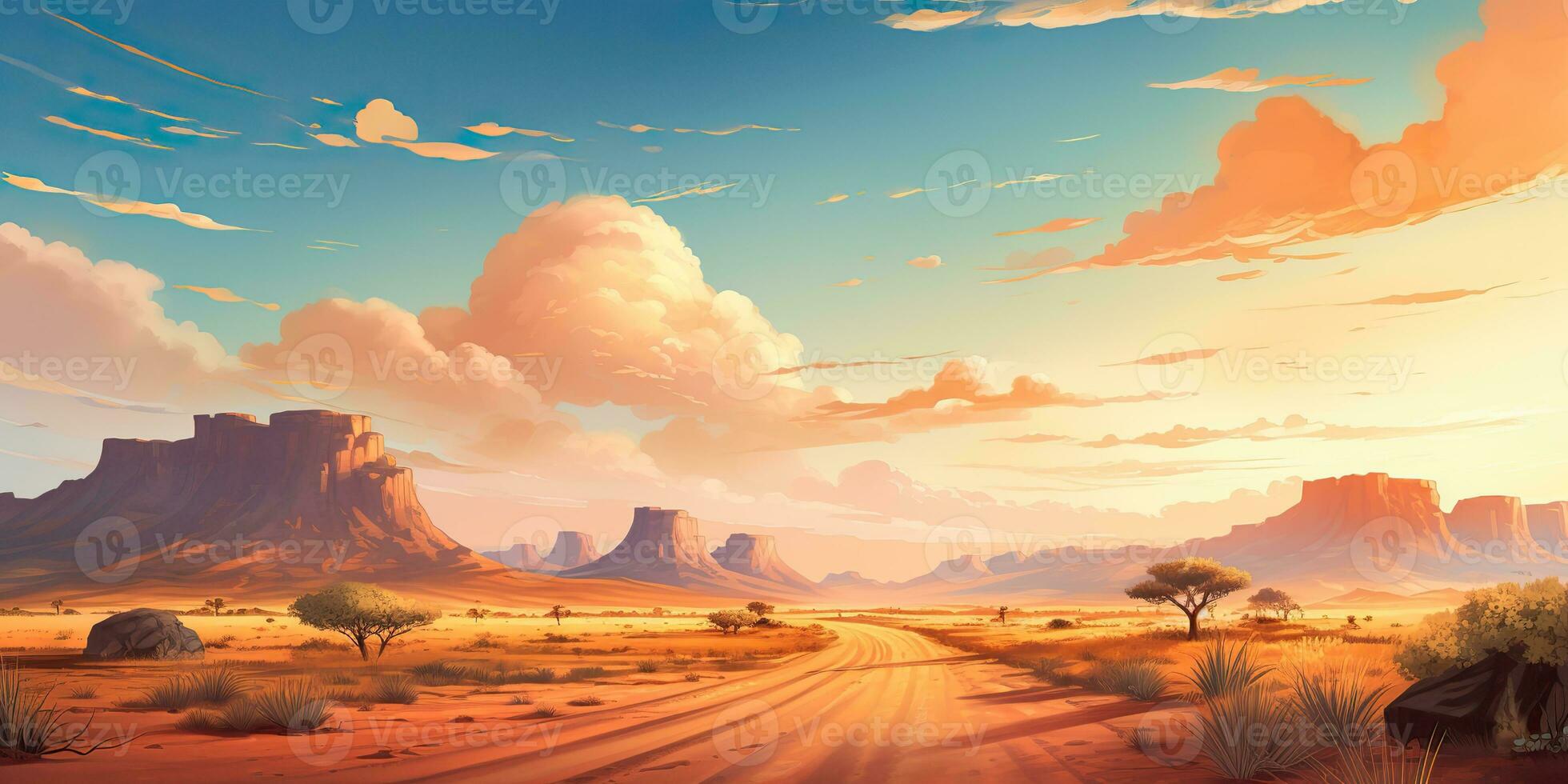 AI Generated. AI Generative. Outdoor nature wild wind sand road on desert landscape background. Adventure travel journey road trip vibe. Graphic Art photo