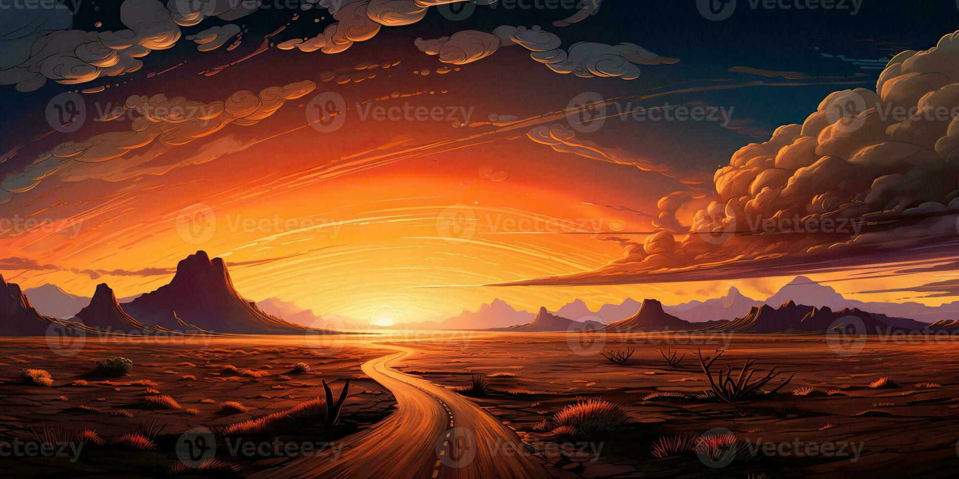 AI Generated. AI Generative. Outdoor nature wild wind sand road on desert landscape background. Adventure travel journey road trip vibe. Graphic Art photo