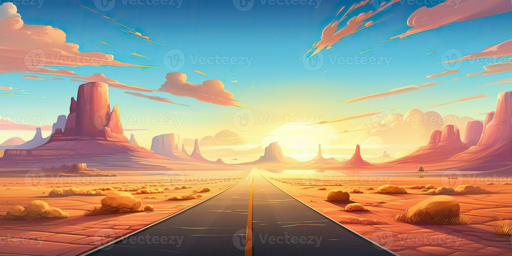 AI Generated. AI Generative. Outdoor nature wild wind sand road on desert landscape background. Adventure travel journey road trip vibe. Graphic Art photo