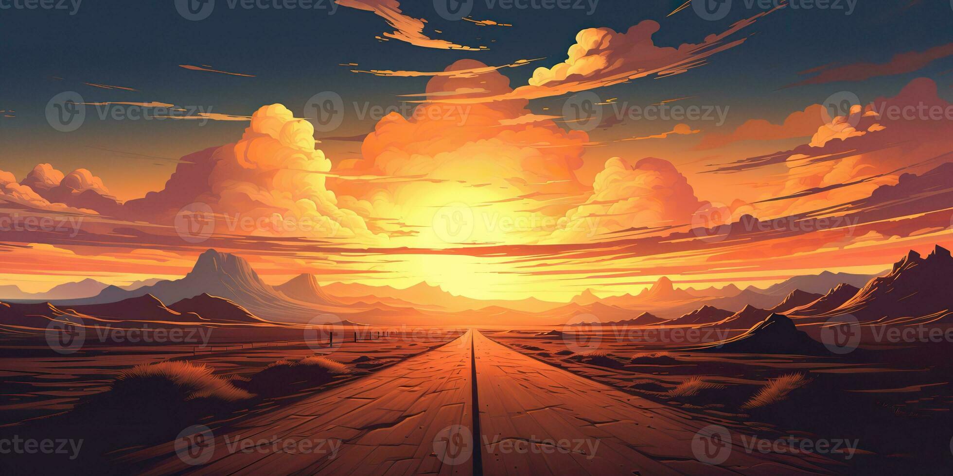 AI Generated. AI Generative. Outdoor nature wild wind sand road on desert landscape background. Adventure travel journey road trip vibe. Graphic Art photo