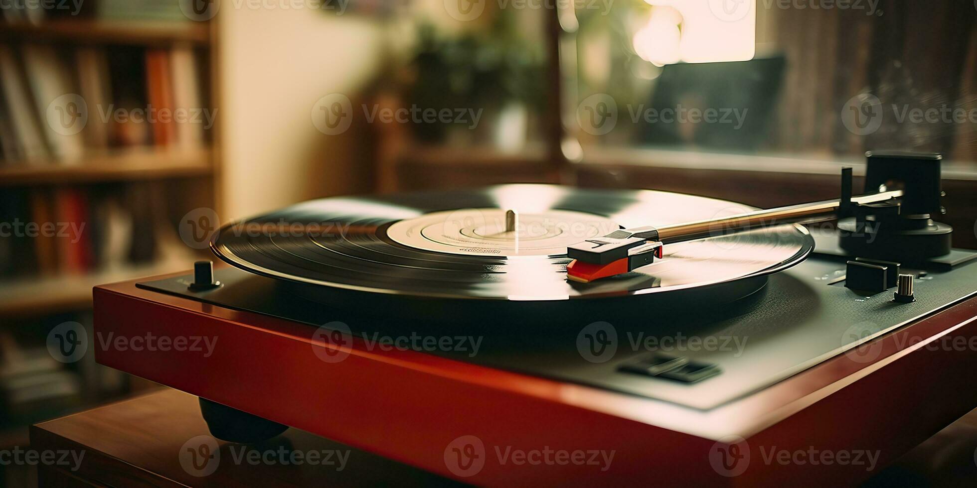 AI Generated. AI Generative. Retro vintage antique sound music audio vinyl player record box at cozy home. Graphic Art photo