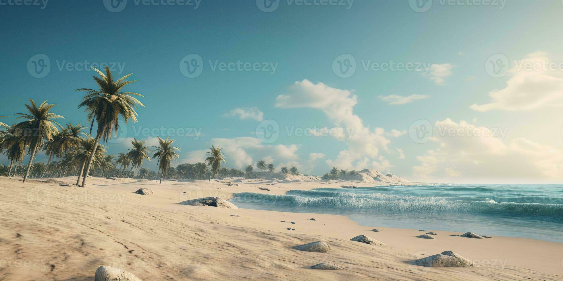 AI Generated. AI Generative. Adventure vacation landscape view of paradise island sand coast with palms on sunset. Vacation relaxing background vibe. Graphic Art photo