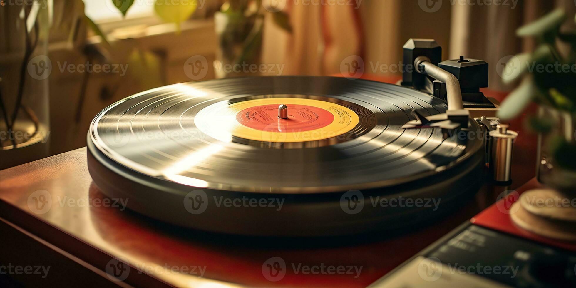 AI Generated. AI Generative. Retro vintage antique sound music audio vinyl player record box at cozy home. Graphic Art photo