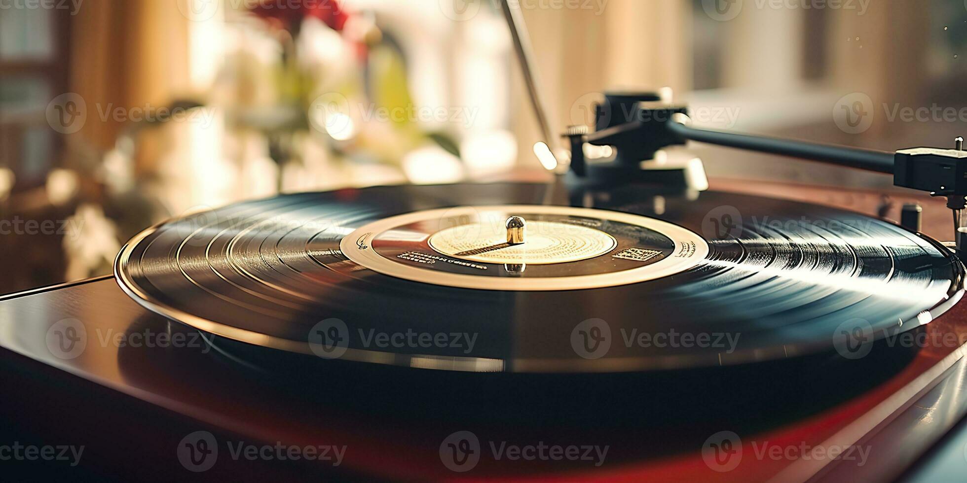 AI Generated. AI Generative. Retro vintage antique sound music audio vinyl player record box at cozy home. Graphic Art photo