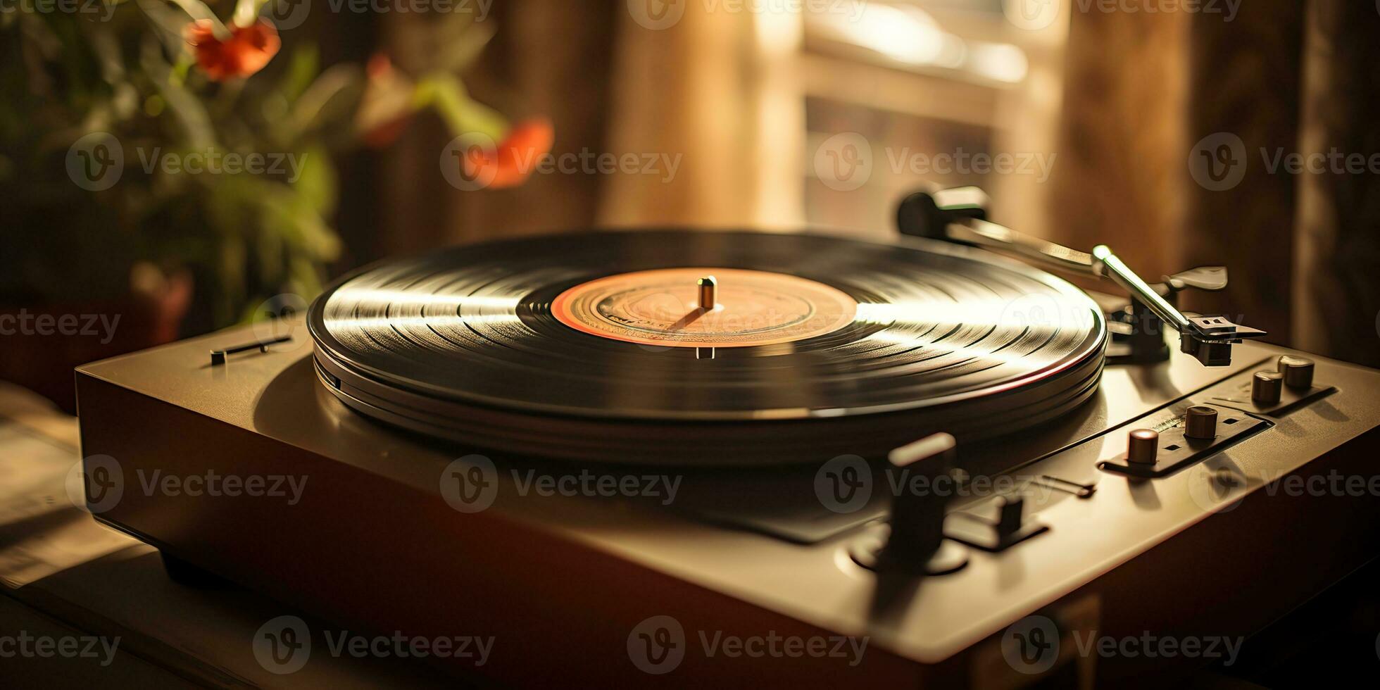 AI Generated. AI Generative. Retro vintage antique sound music audio vinyl player record box at cozy home. Graphic Art photo