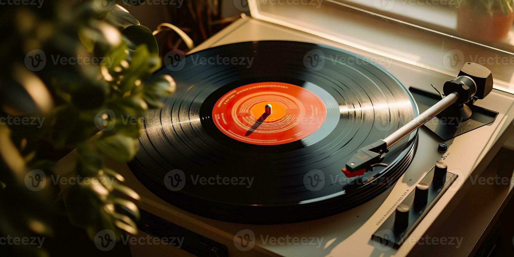AI Generated. AI Generative. Retro vintage antique sound music audio vinyl player record box at cozy home. Graphic Art photo