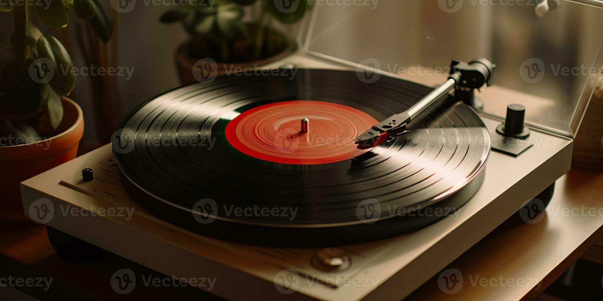 AI Generated. AI Generative. Retro vintage antique sound music audio vinyl player record box at cozy home. Graphic Art photo