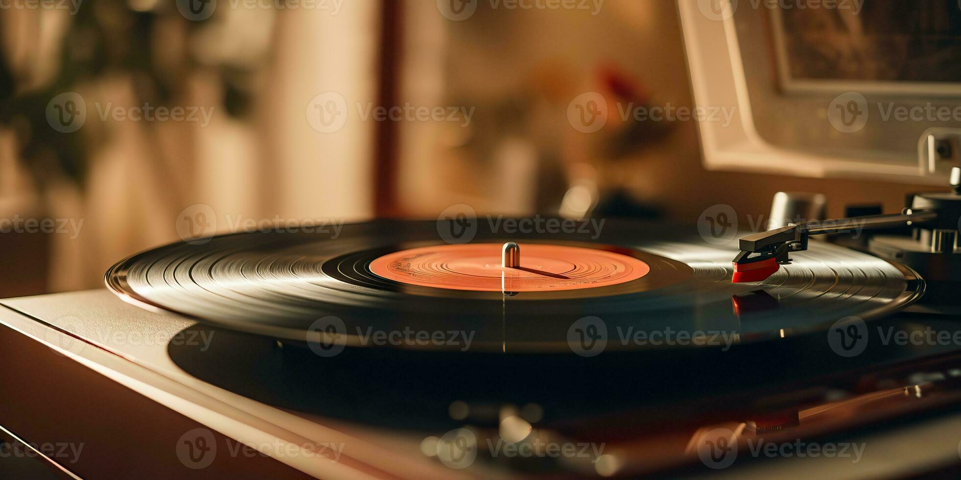 AI Generated. AI Generative. Retro vintage antique sound music audio vinyl player record box at cozy home. Graphic Art photo