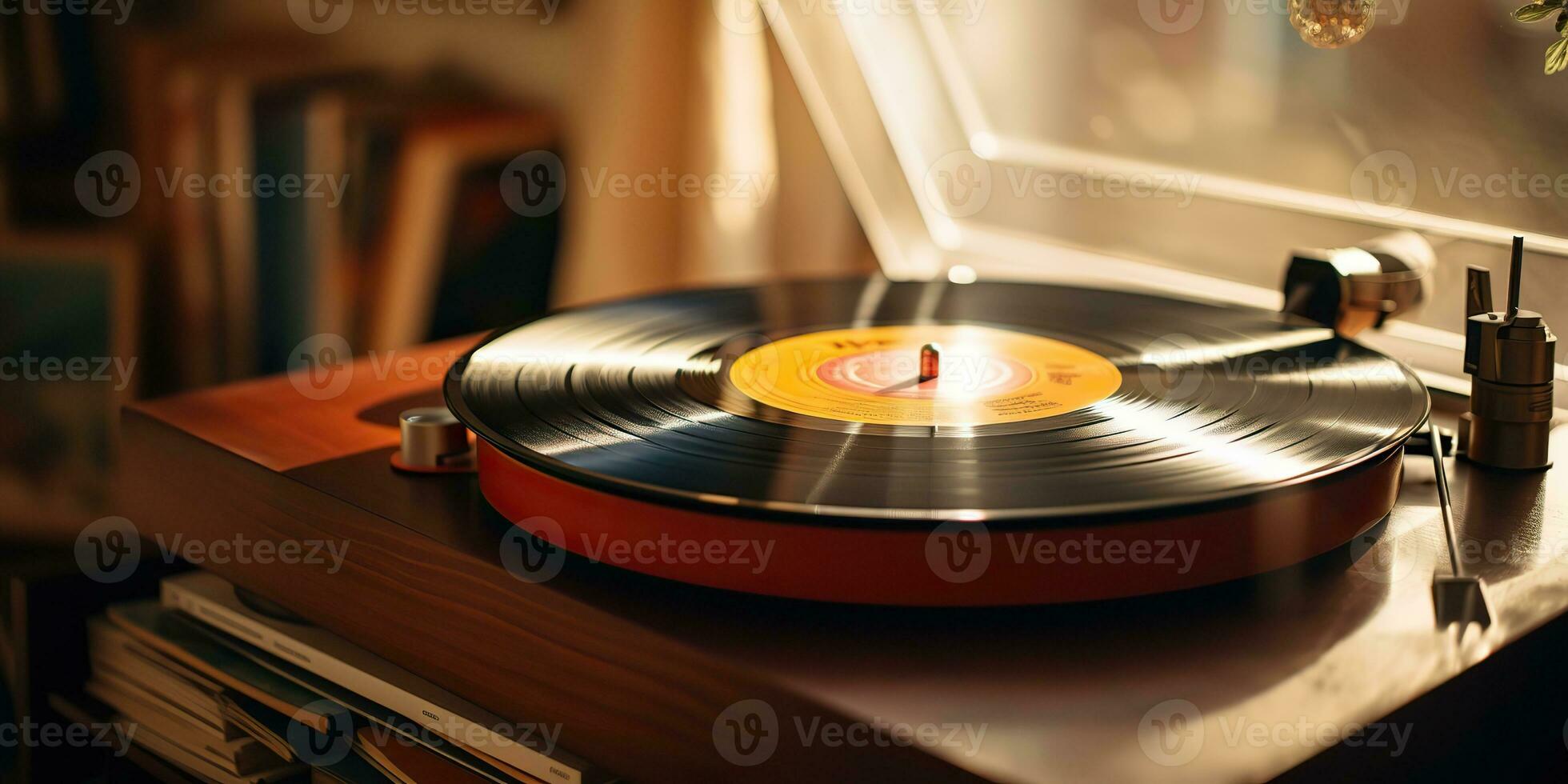 AI Generated. AI Generative. Retro vintage antique sound music audio vinyl player record box at cozy home. Graphic Art photo