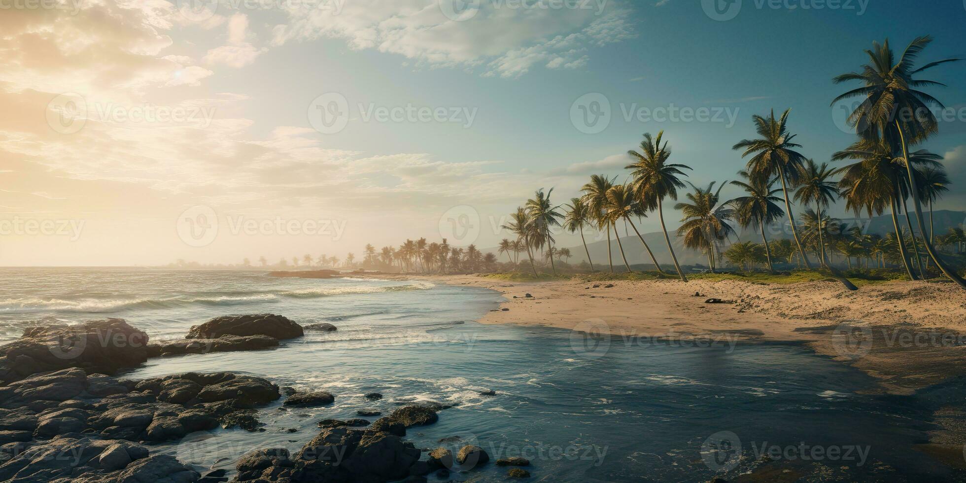 AI Generated. AI Generative. Adventure vacation landscape view of paradise island sand coast with palms on sunset. Vacation relaxing background vibe. Graphic Art photo