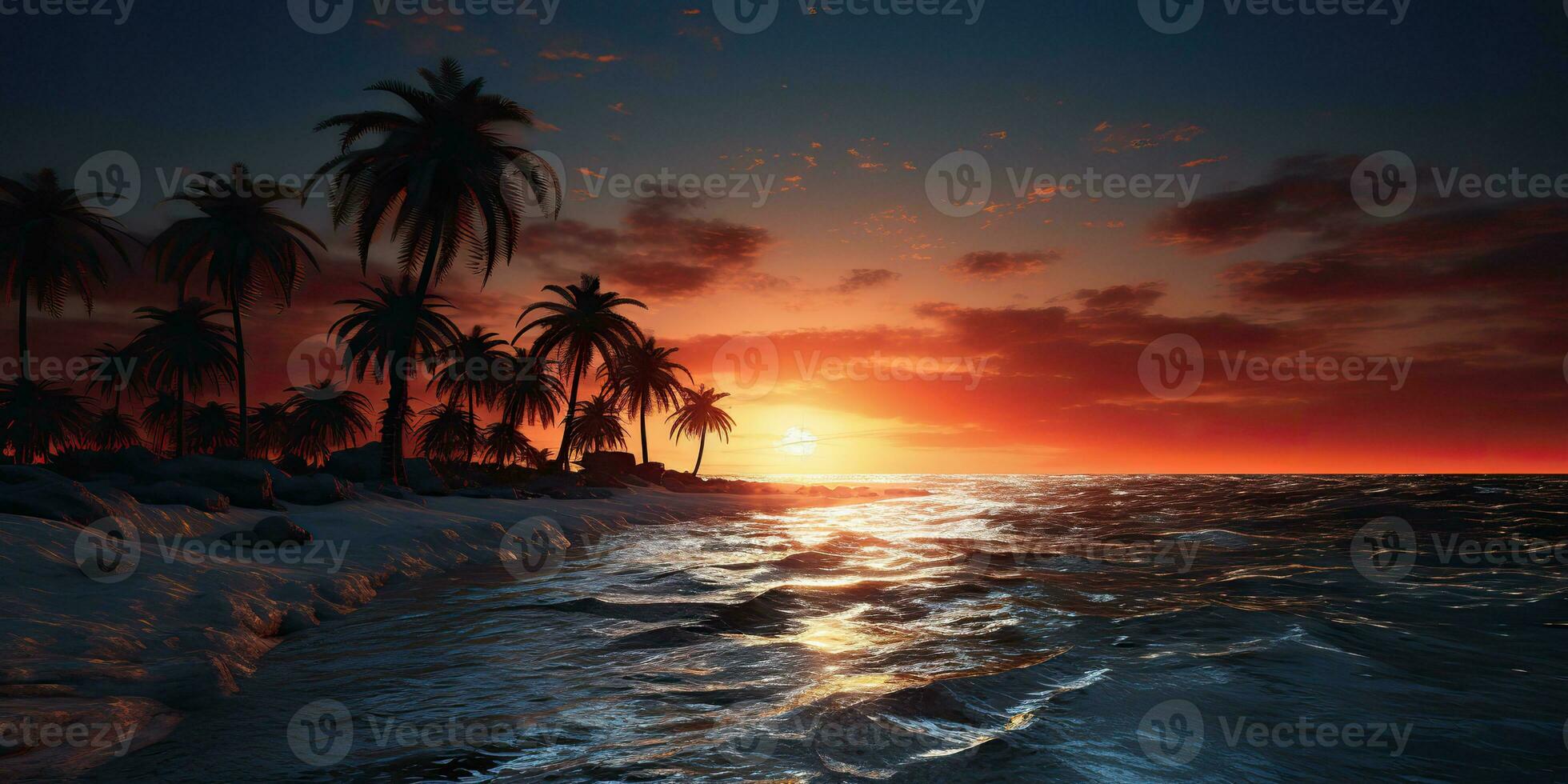 AI Generated. AI Generative. Adventure vacation landscape view of paradise island sand coast with palms on sunset. Vacation relaxing background vibe. Graphic Art photo