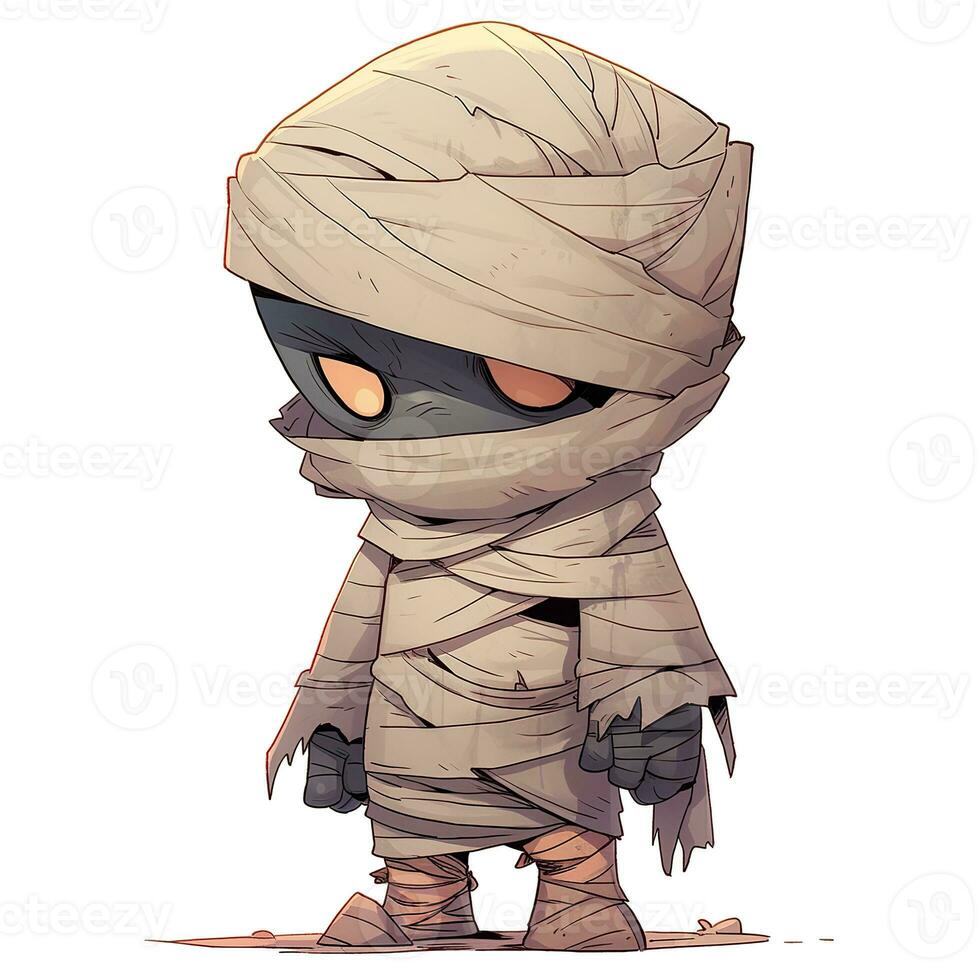 AI Generated. AI Generative. Little kid mummy cartoon character halloween. Holiday scary boo fear monster horror comic style monster. Graphic Art photo