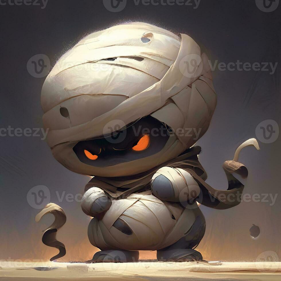 AI Generated. AI Generative. Little kid mummy cartoon character halloween. Holiday scary boo fear monster horror comic style monster. Graphic Art photo