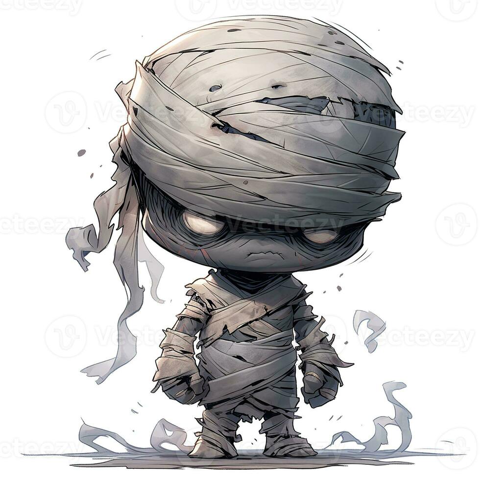 AI Generated. AI Generative. Little kid mummy cartoon character halloween. Holiday scary boo fear monster horror comic style monster. Graphic Art photo