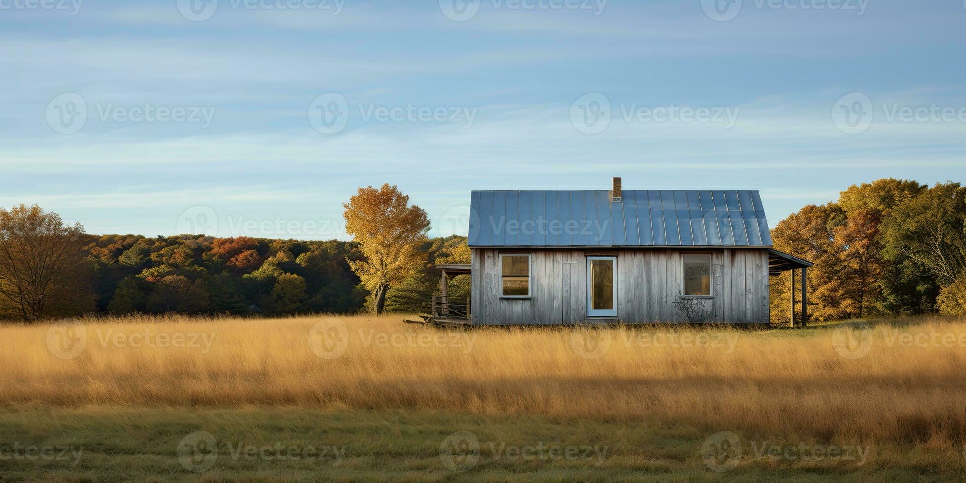 AI Generated. AI Generative. Nature outdoor lonely minimal wooden house in yellow autumn farming field. Adventure vacation countryside background relaxing vibe. Graphic Art photo