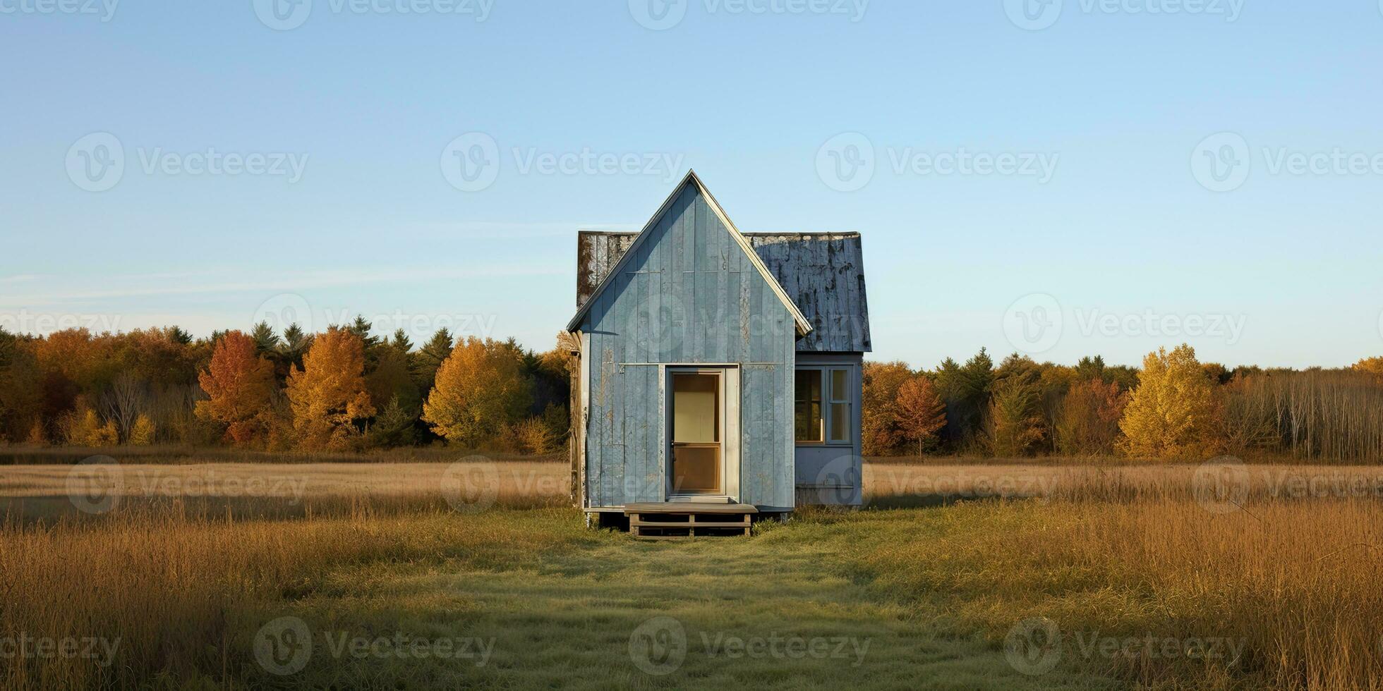 AI Generated. AI Generative. Nature outdoor lonely minimal wooden house in yellow autumn farming field. Adventure vacation countryside background relaxing vibe. Graphic Art photo