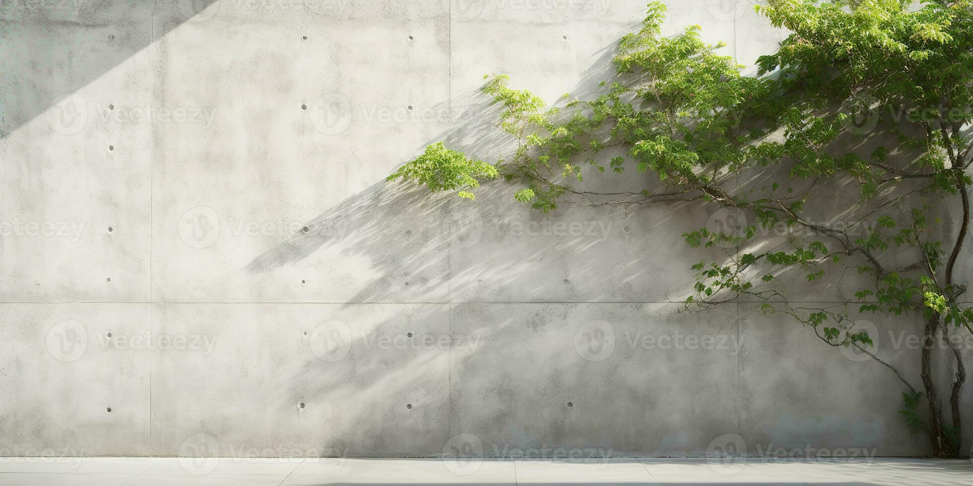 AI Generated. AI Generative. Concrete stone rock wall with tree. Simple minimal mockup wall garden outdoor with plant. Graphic Art photo