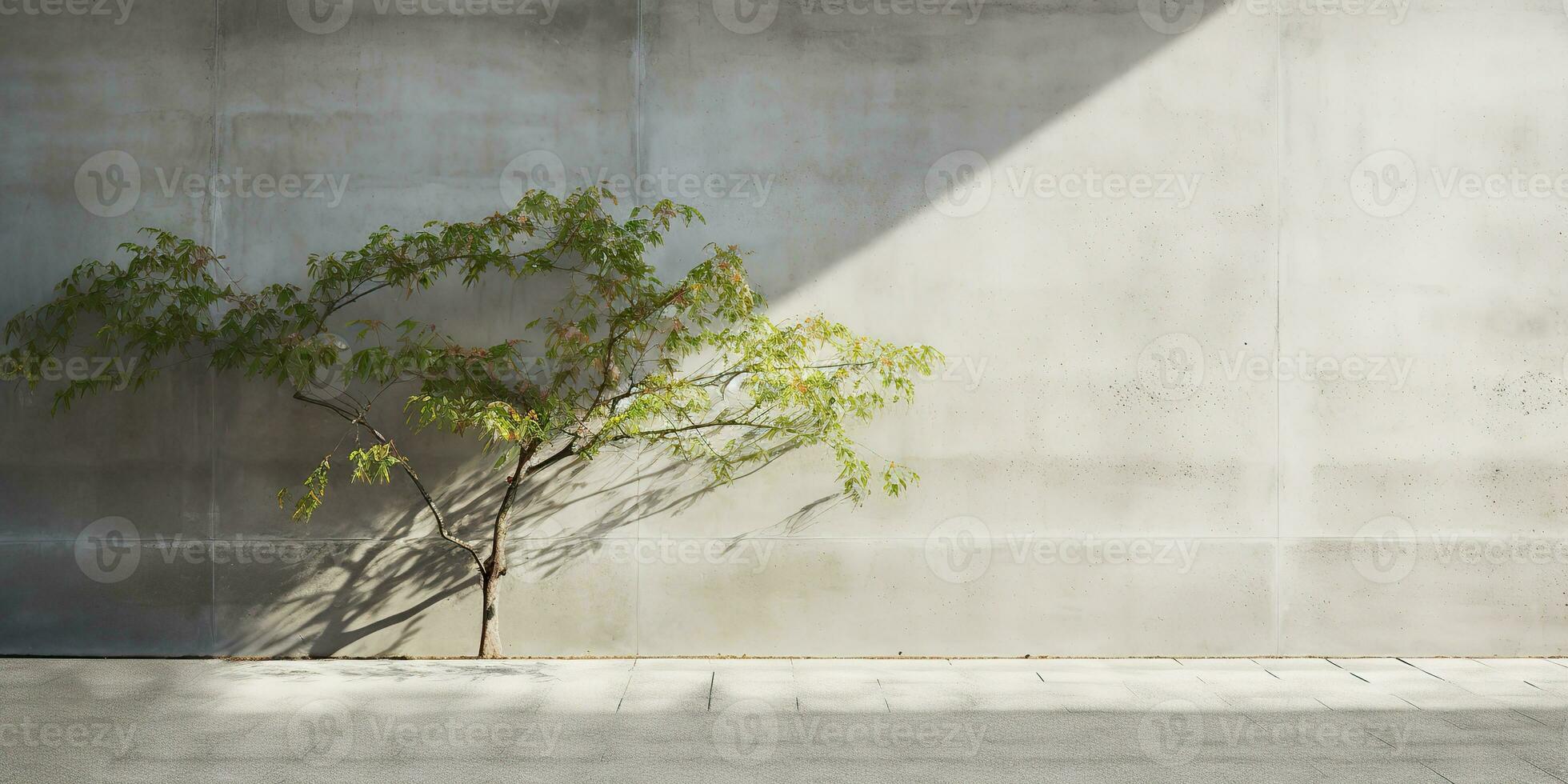 AI Generated. AI Generative. Concrete stone rock wall with tree. Simple minimal mockup wall garden outdoor with plant. Graphic Art photo