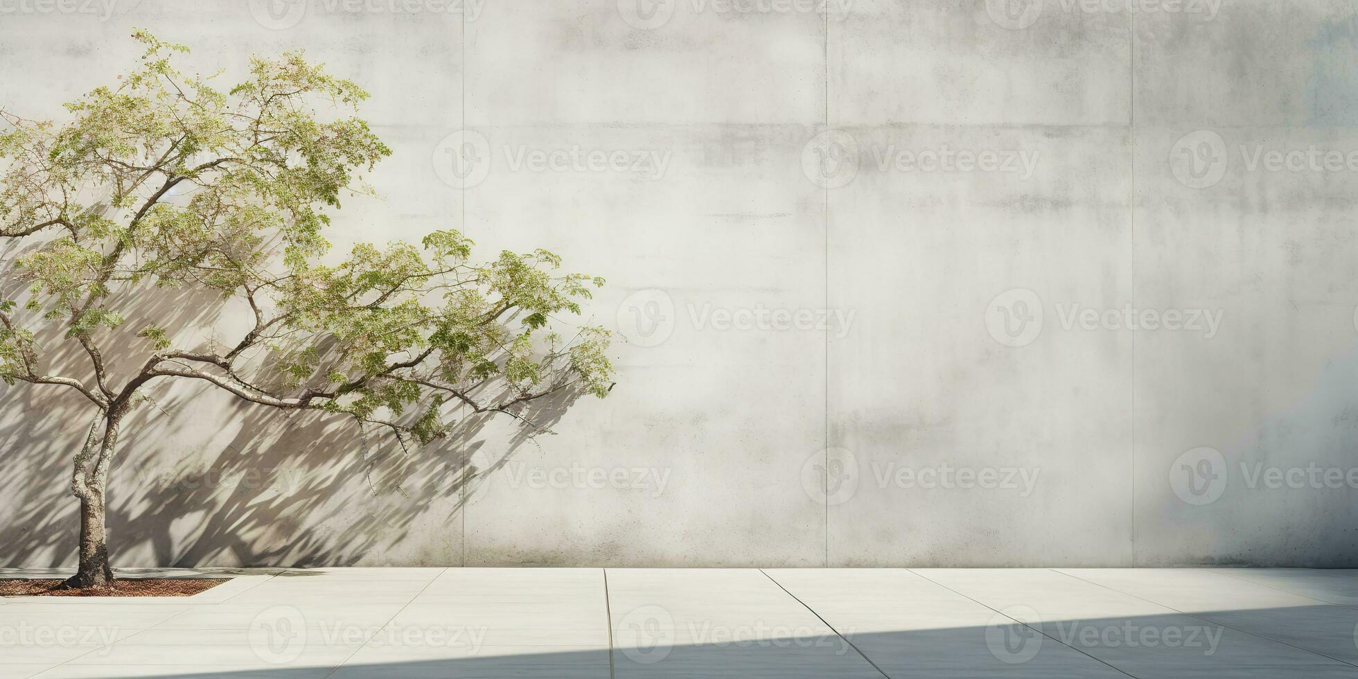 AI Generated. AI Generative. Concrete stone rock wall with tree. Simple minimal mockup wall garden outdoor with plant. Graphic Art photo