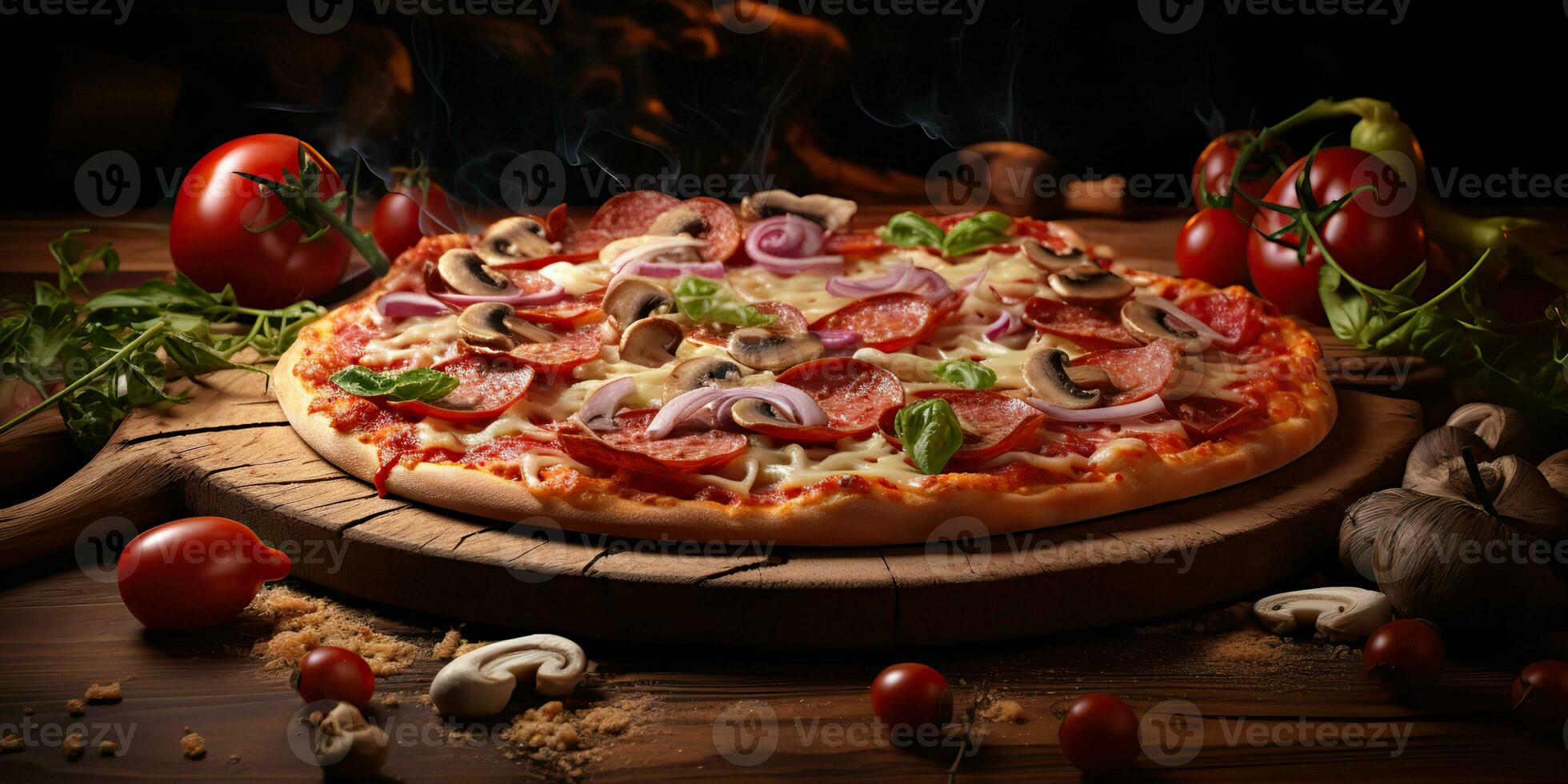AI Generated. AI Generative. Traditional italian pepperoni pizza food. Famous tasty fast food meal baked fresh cuisine. Graphic Art photo