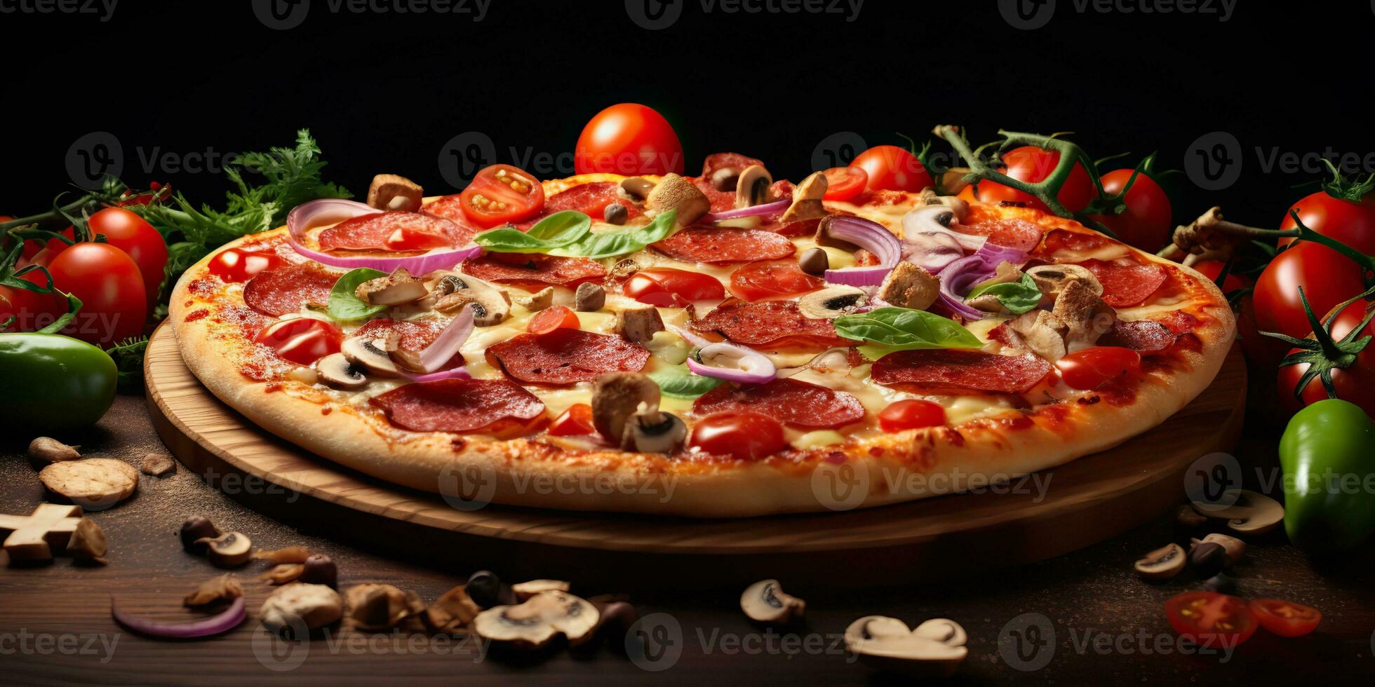 AI Generated. AI Generative. Traditional italian pepperoni pizza food. Famous tasty fast food meal baked fresh cuisine. Graphic Art photo