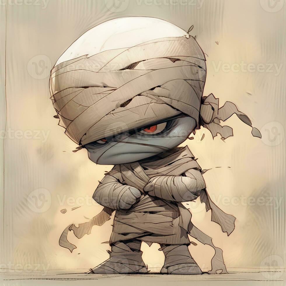 AI Generated. AI Generative. Little kid mummy cartoon character halloween. Holiday scary boo fear monster horror comic style monster. Graphic Art photo