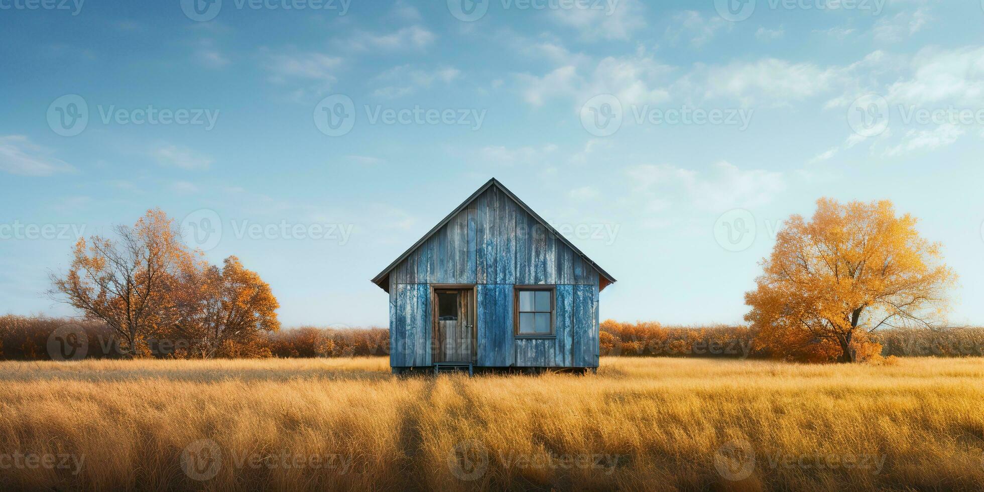 AI Generated. AI Generative. Nature outdoor lonely minimal wooden house in yellow autumn farming field. Adventure vacation countryside background relaxing vibe. Graphic Art photo