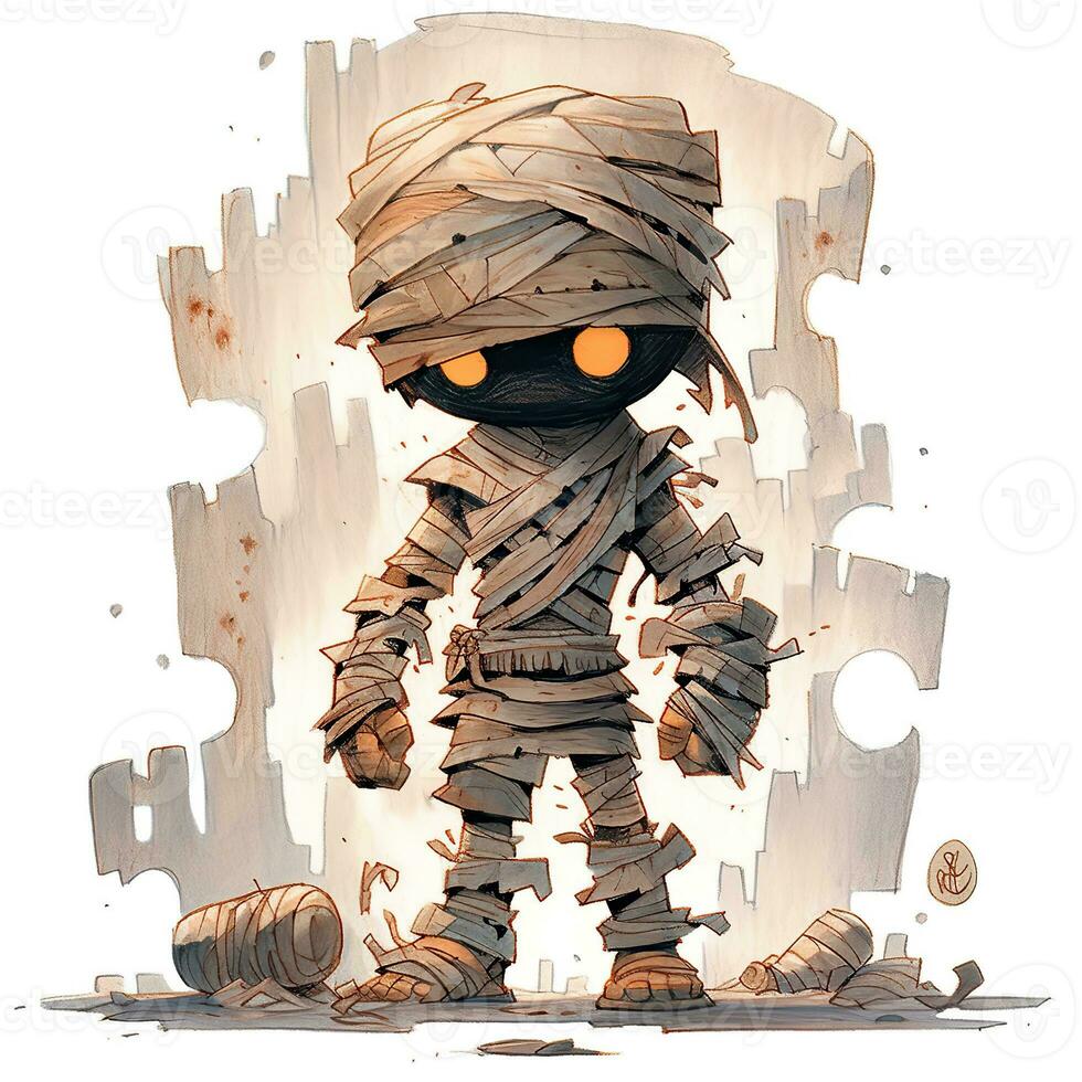 AI Generated. AI Generative. Little kid mummy cartoon character halloween. Holiday scary boo fear monster horror comic style monster. Graphic Art photo