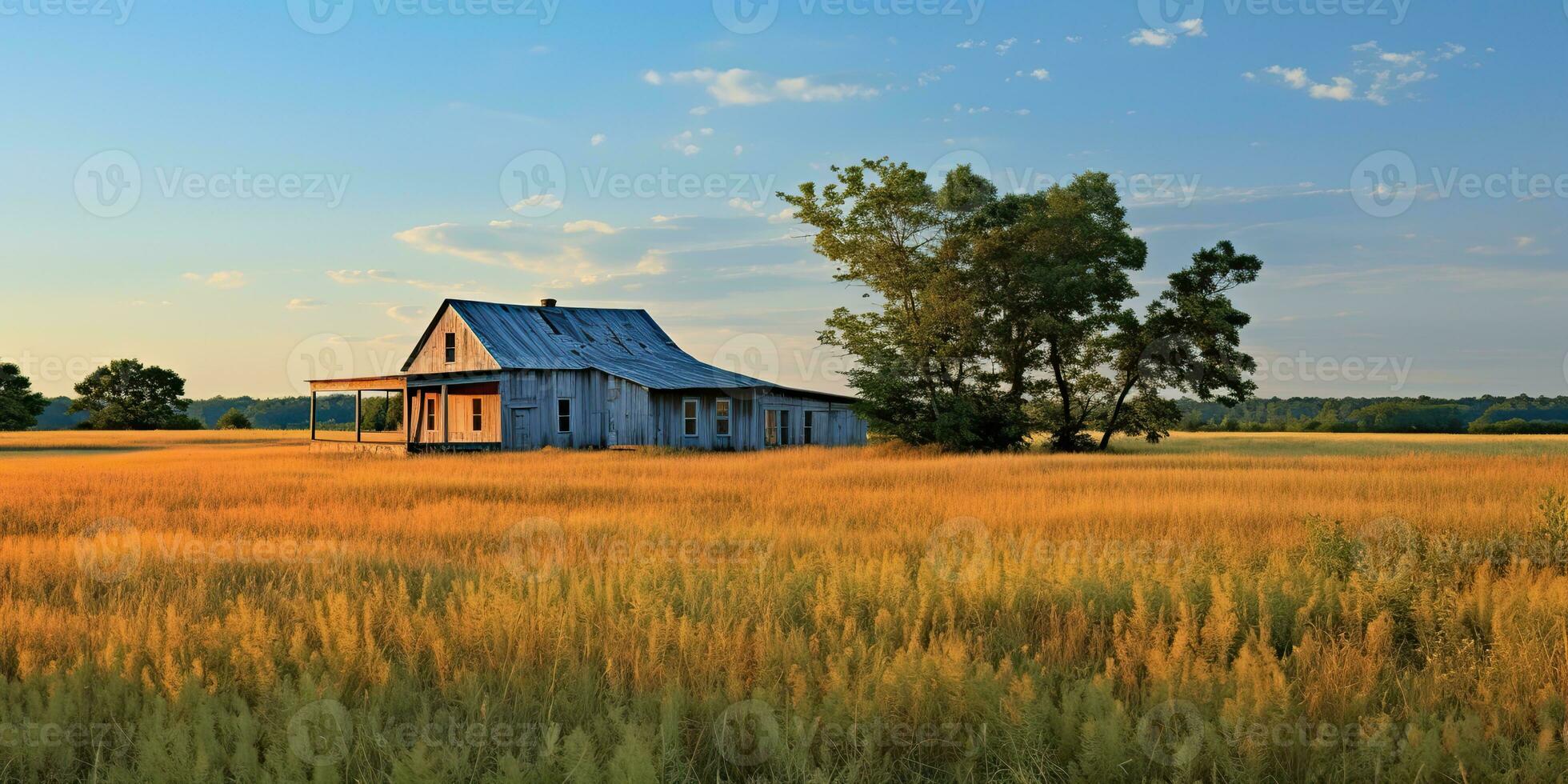 AI Generated. AI Generative. Nature outdoor lonely minimal wooden house in yellow autumn farming field. Adventure vacation countryside background relaxing vibe. Graphic Art photo