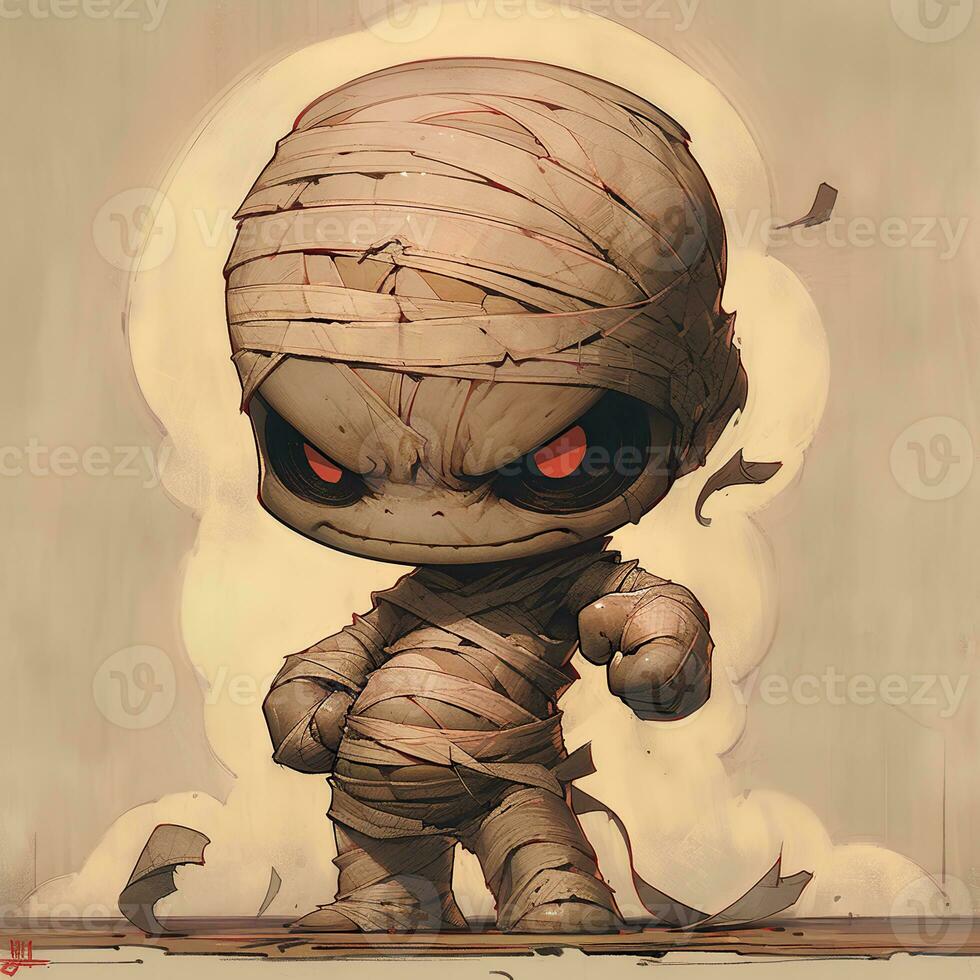 AI Generated. AI Generative. Little kid mummy cartoon character halloween. Holiday scary boo fear monster horror comic style monster. Graphic Art photo