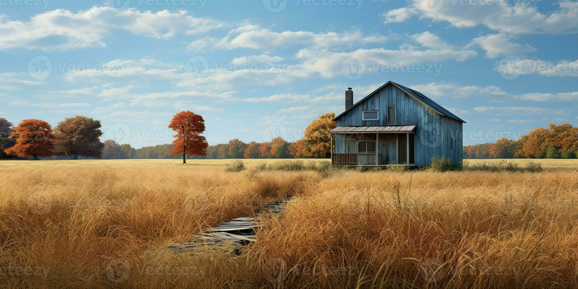 AI Generated. AI Generative. Nature outdoor lonely minimal wooden house in yellow autumn farming field. Adventure vacation countryside background relaxing vibe. Graphic Art photo