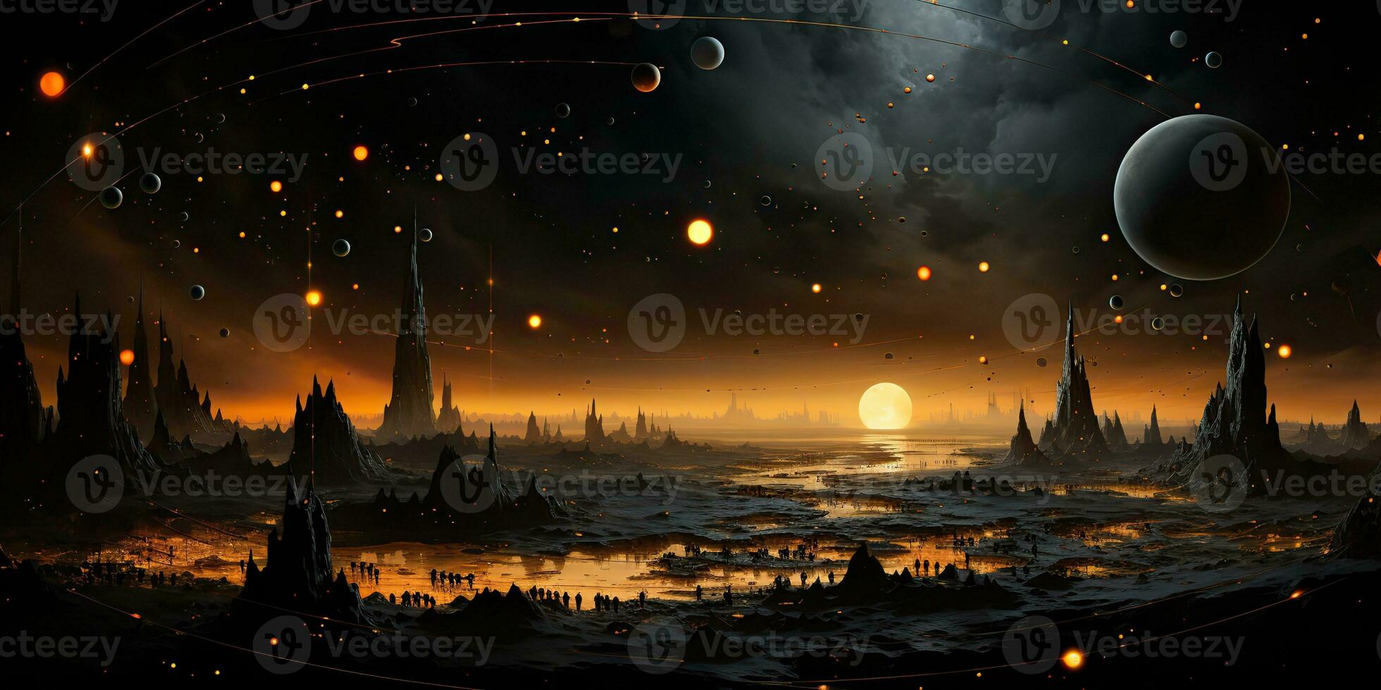 AI Generated. AI Generative. Galaxy space universe solar system background abstract planets landscape surface. Future explore adventure vibes. Graphic Art photo
