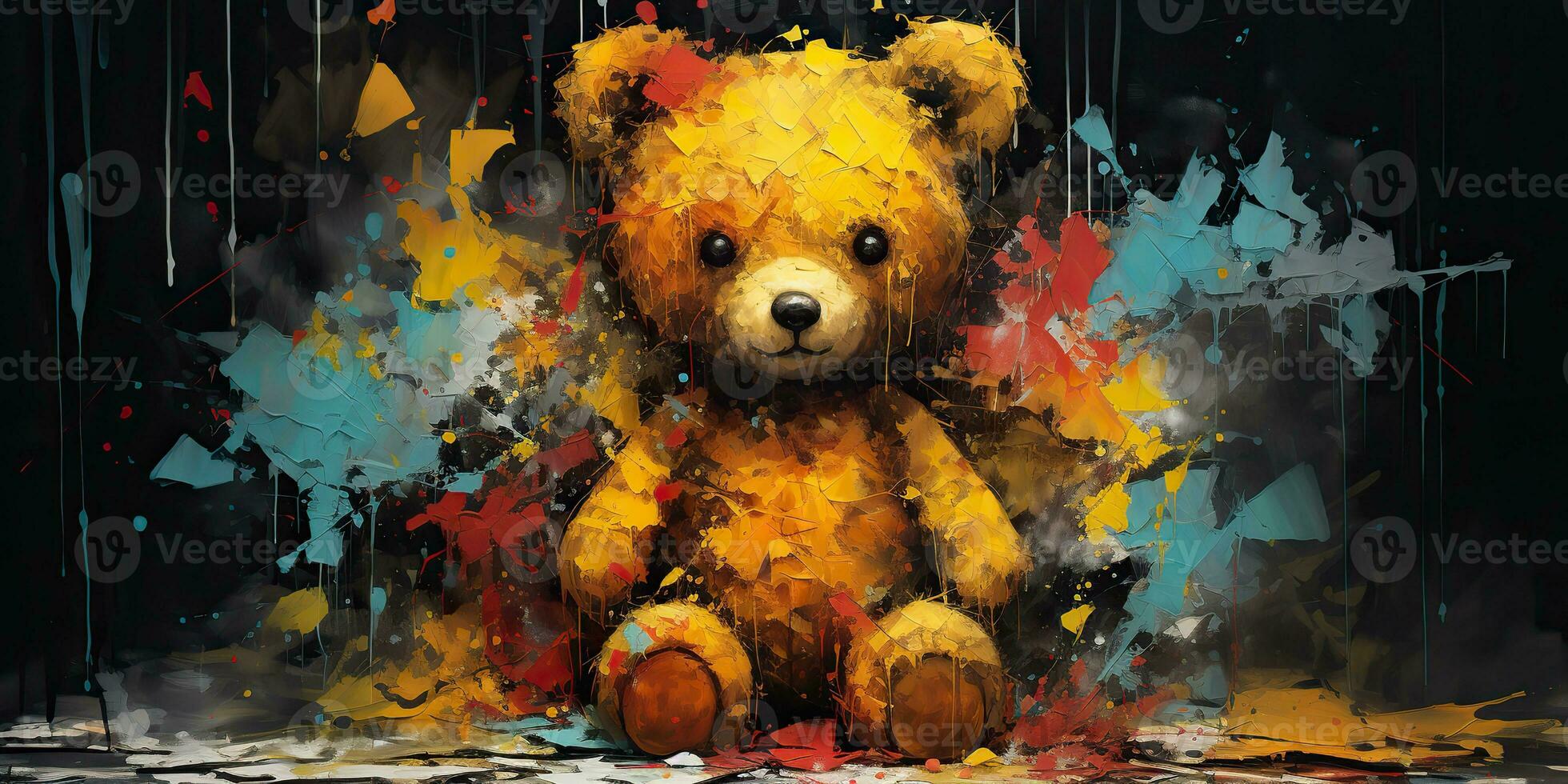 AI Generated. AI Generative. Cute little cartoon bear kid. Drawing painting watercolor oil brush graffiti ink bright colors background. Graphic Art photo