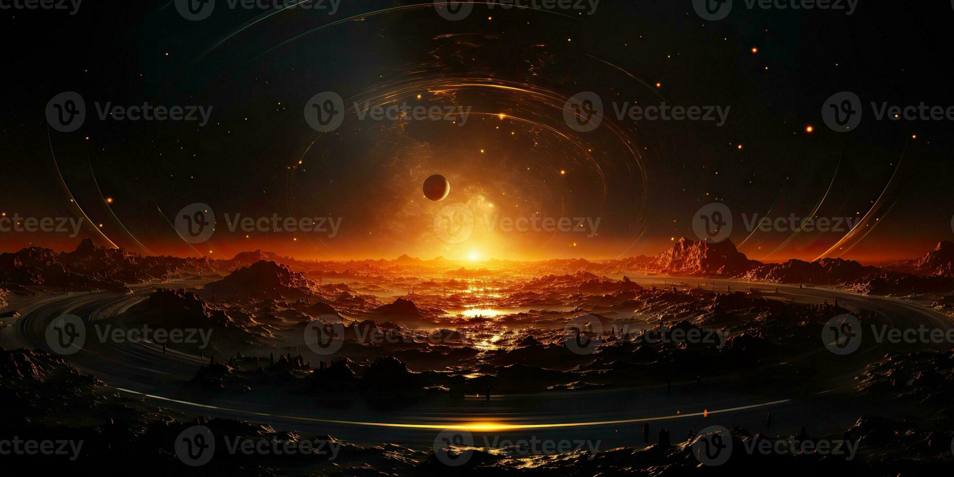 AI Generated. AI Generative. Galaxy space universe solar system background abstract planets landscape surface. Future explore adventure vibes. Graphic Art photo