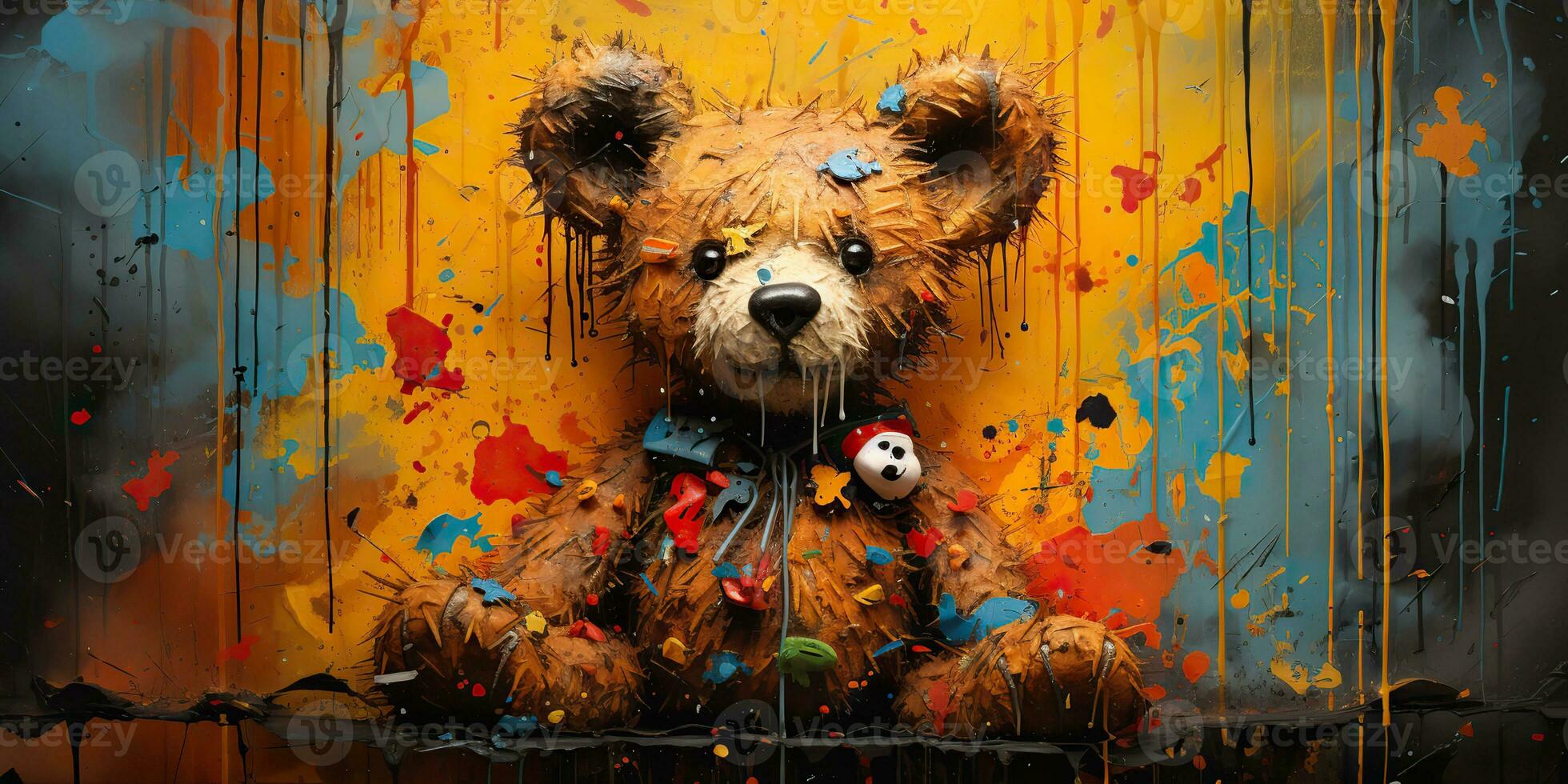 AI Generated. AI Generative. Cute little cartoon bear kid. Drawing painting watercolor oil brush graffiti ink bright colors background. Graphic Art photo