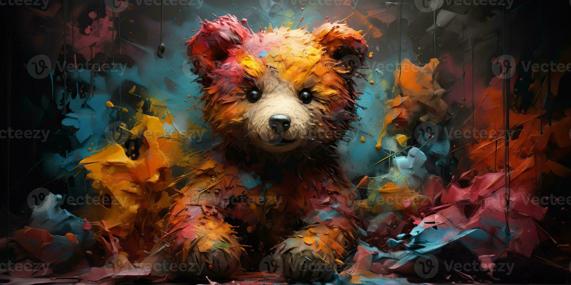 AI Generated. AI Generative. Cute little cartoon bear kid. Drawing painting watercolor oil brush graffiti ink bright colors background. Graphic Art photo