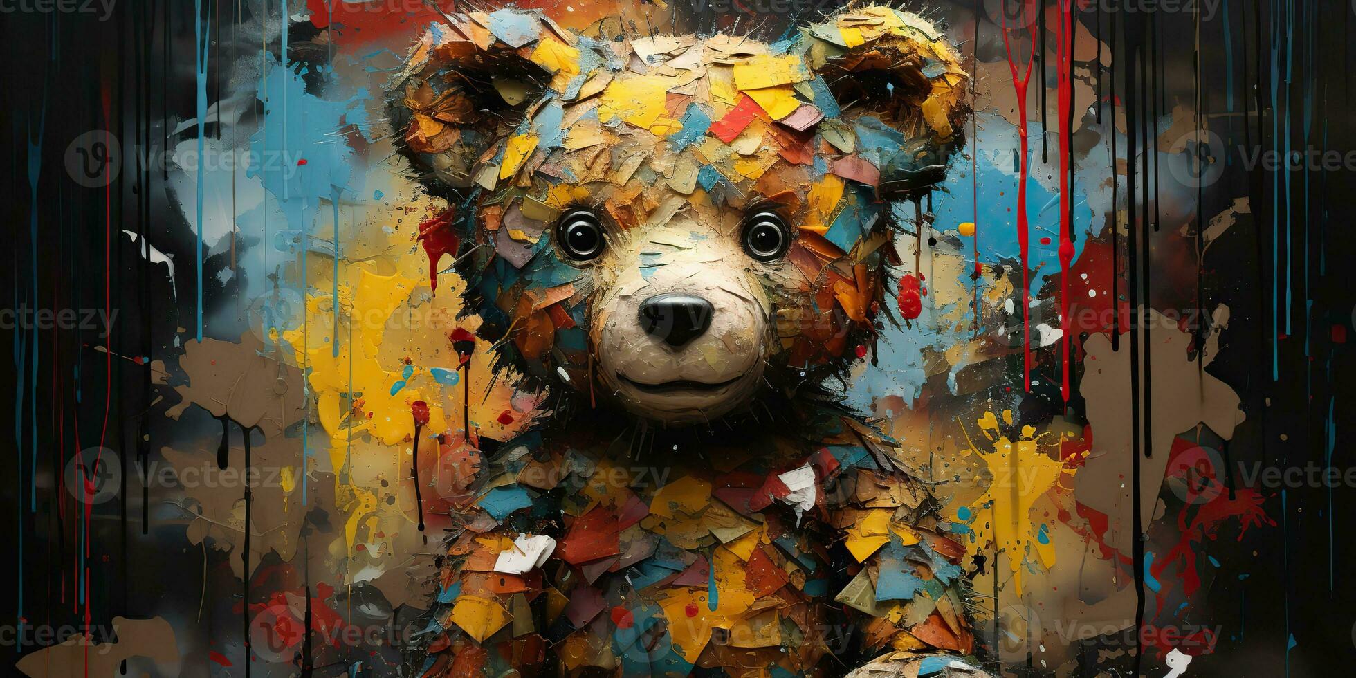 AI Generated. AI Generative. Cute little cartoon bear kid. Drawing painting watercolor oil brush graffiti ink bright colors background. Graphic Art photo